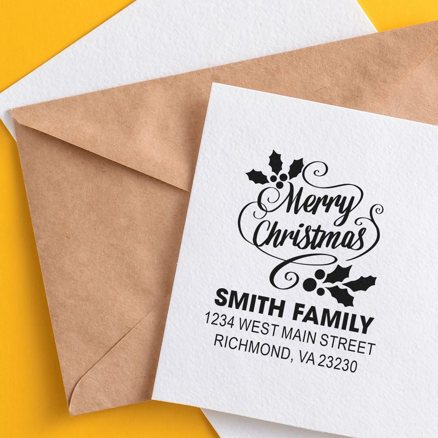 Personalized Christmas rubber stamp design for holiday cards with Merry Christmas, Smith Family, and return address.