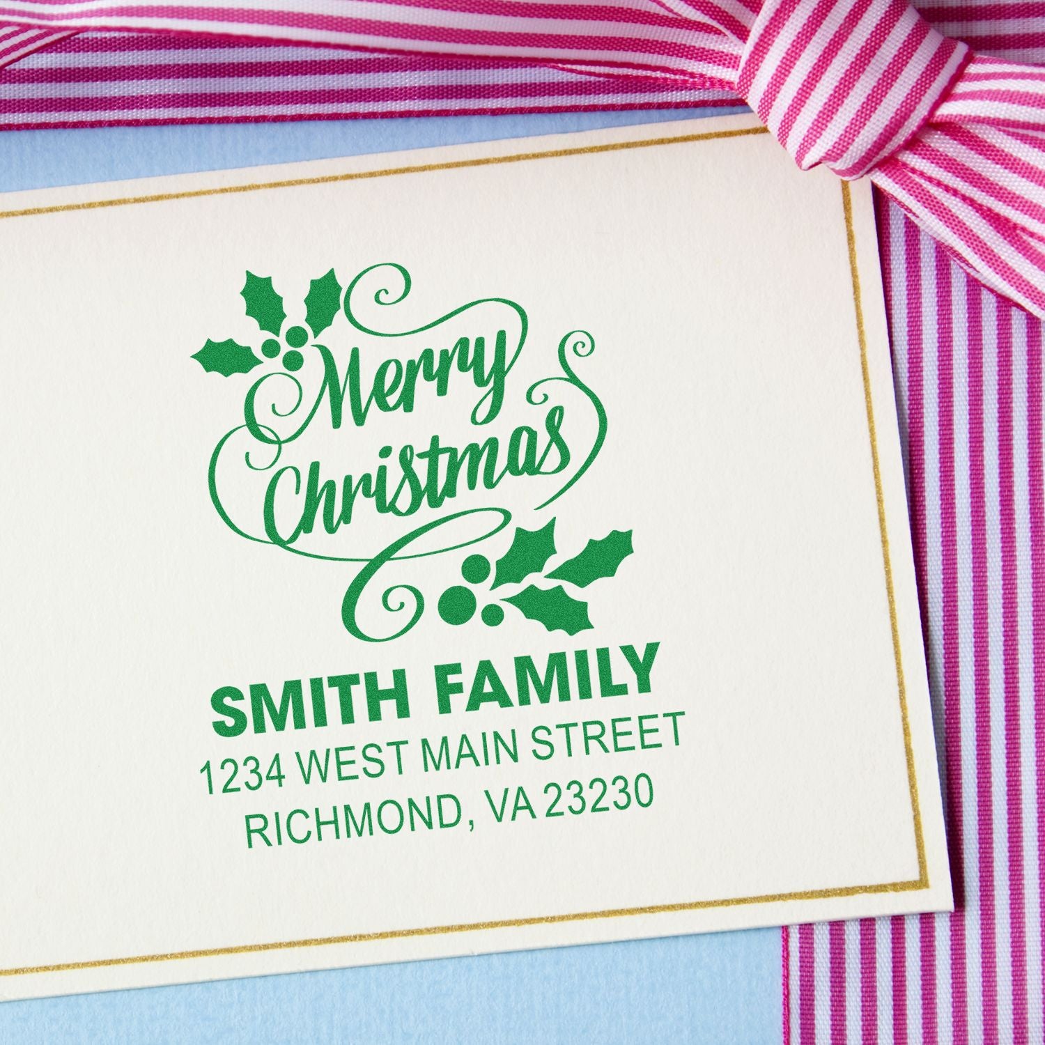 Custom Merry Christmas return address rubber stamp on holiday card for Smith family in Richmond, VA.