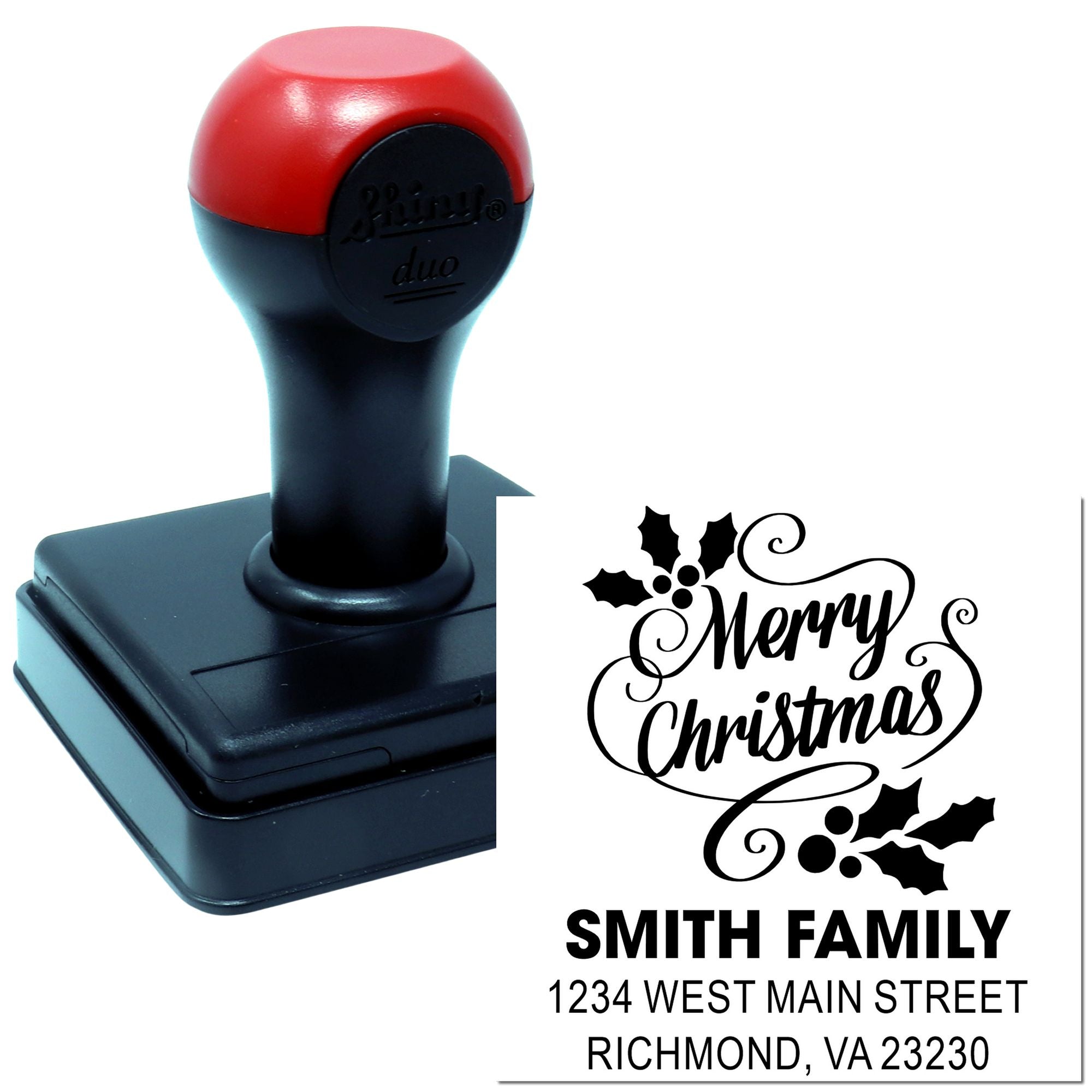 Custom self-inking Merry Christmas rubber stamp with holly, family name, and return address for holiday mail