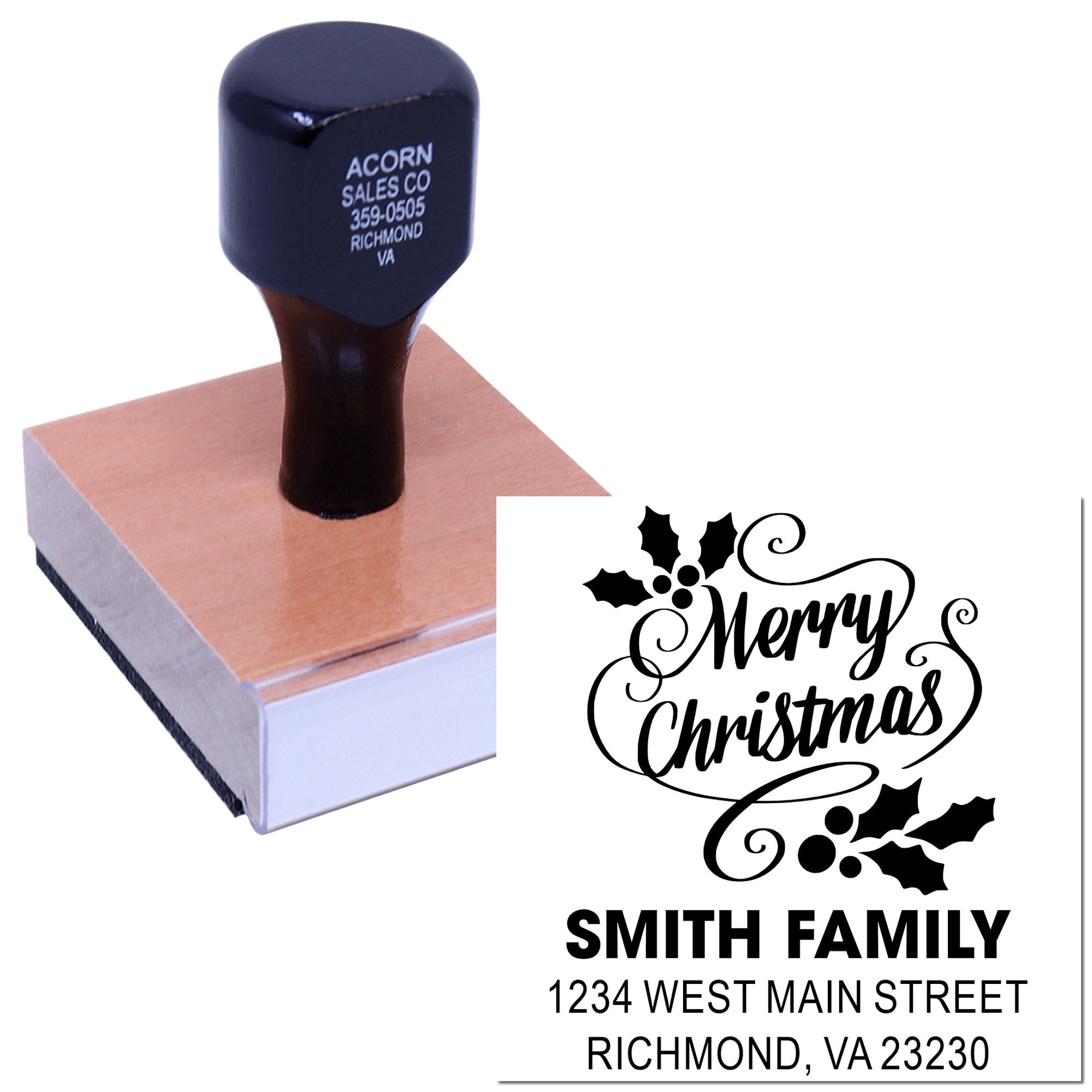 Custom Merry Christmas address rubber stamp with holly design for holiday card envelopes and return mailing