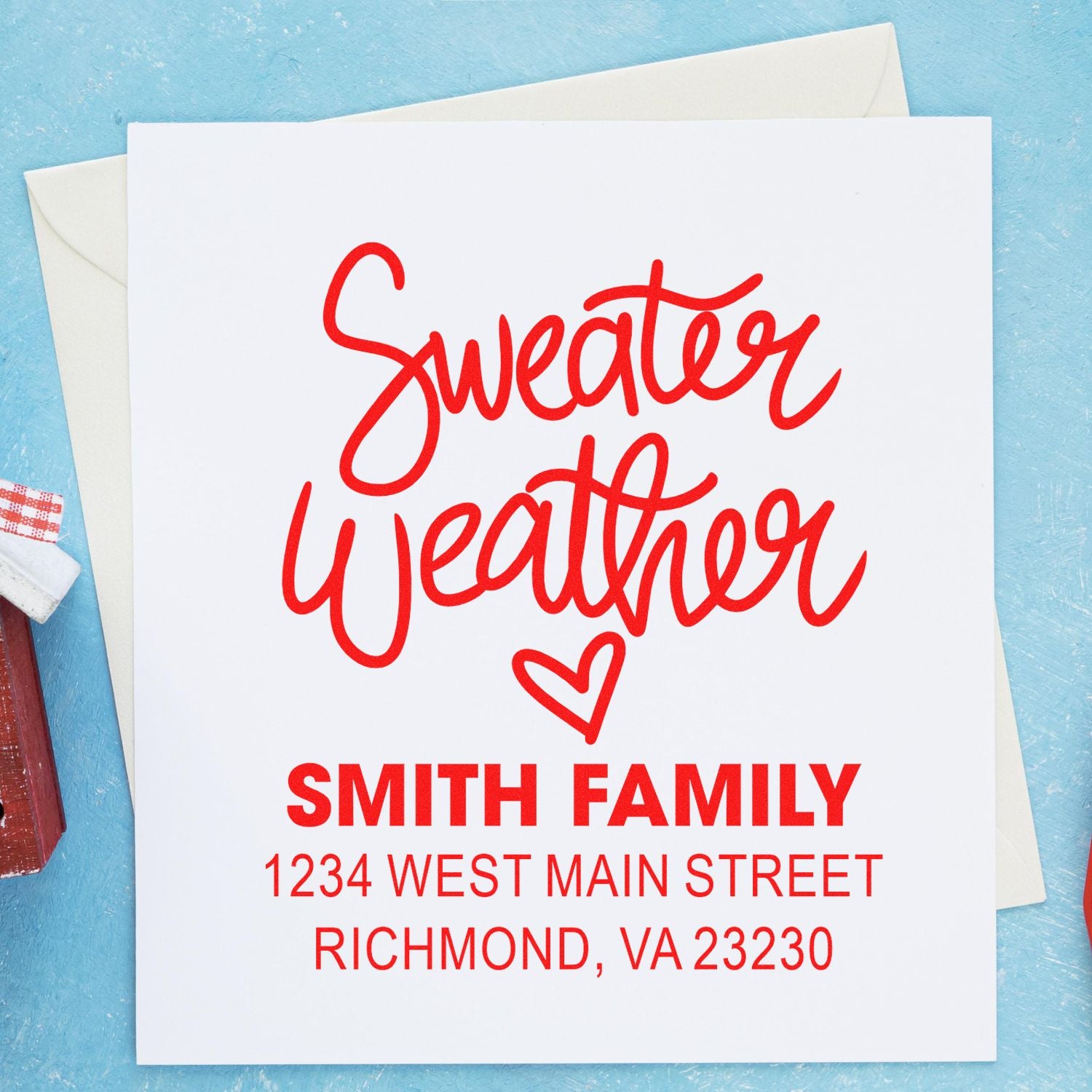 Custom rubber stamp design with Sweater Weather return address for Smith family holiday cards and envelopes.