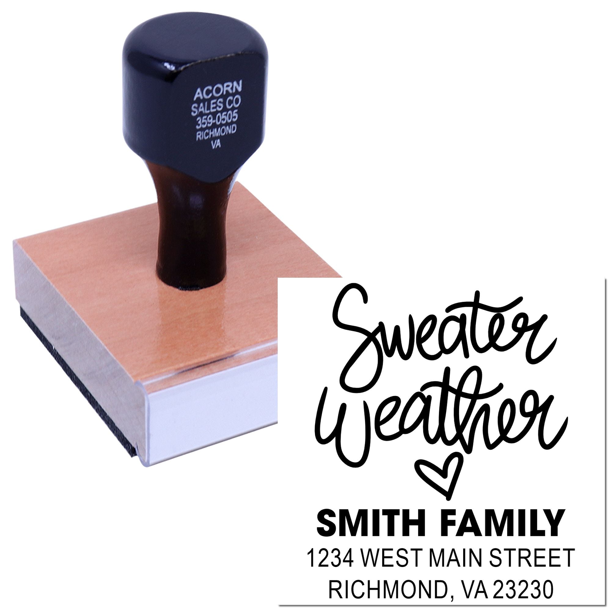 Custom self-inking rubber stamp with Sweater Weather design and Smith Family address for personalized holiday mail.