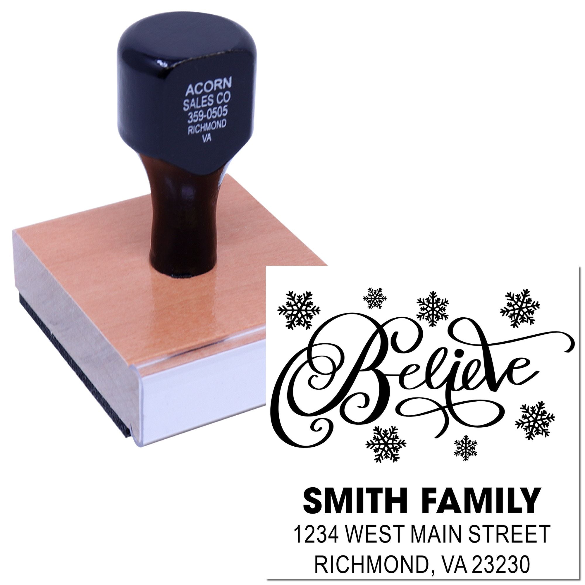 Custom holiday return address rubber stamp with Believe snowflake design and Smith family address