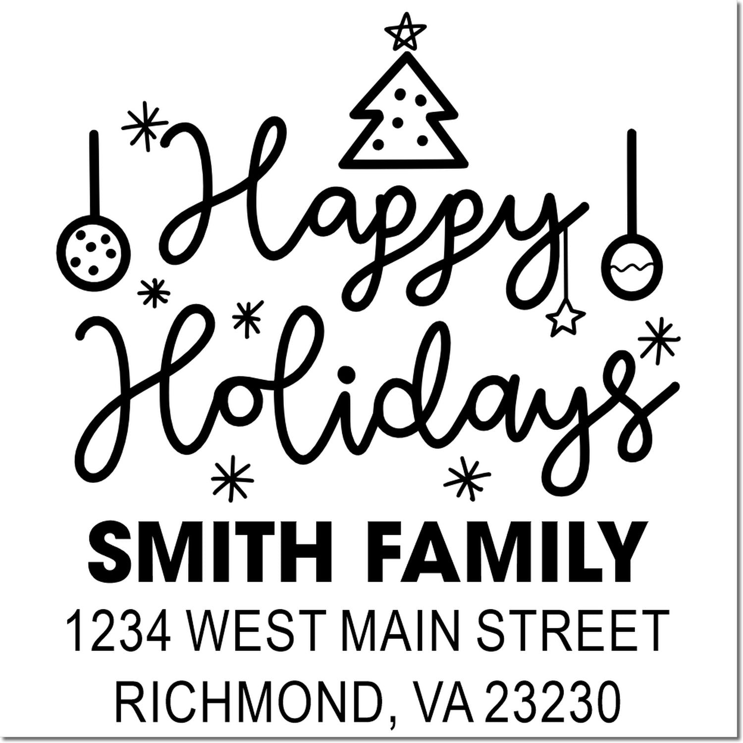 Personalized Happy Holidays rubber stamp with Smith Family return address for festive holiday cards, mail, and gift packaging.