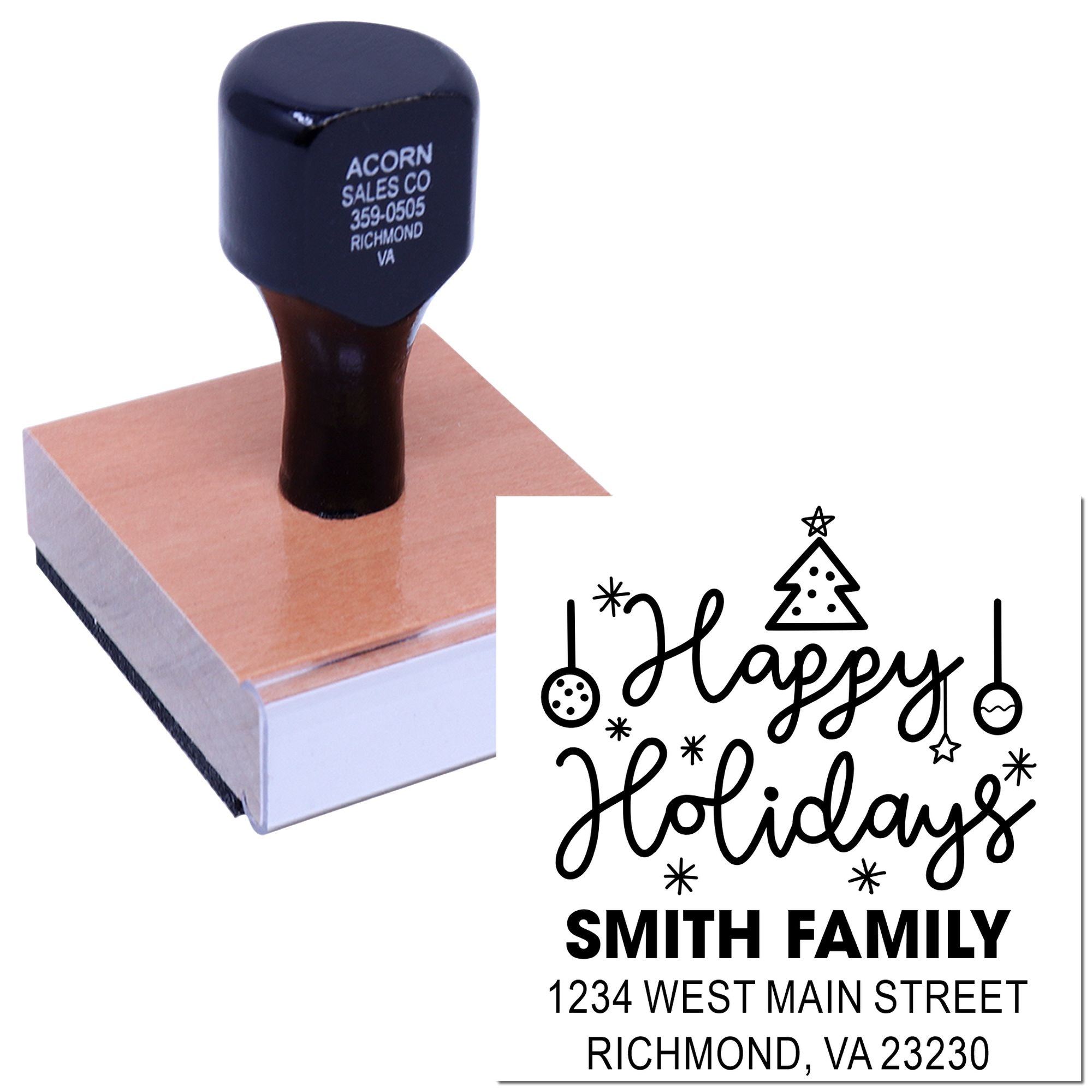Custom holiday return address rubber stamp with Happy Holidays design for Smith family personalized mailing cards and envelopes