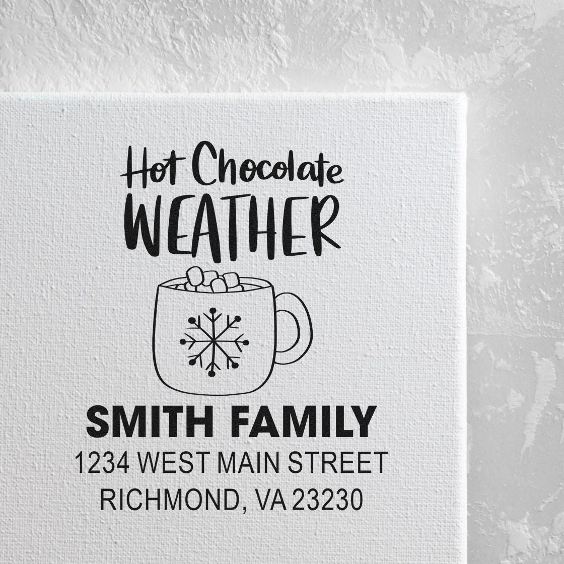 Custom rubber stamp with Hot Chocolate Weather mug, Smith Family name, and Richmond, VA return address