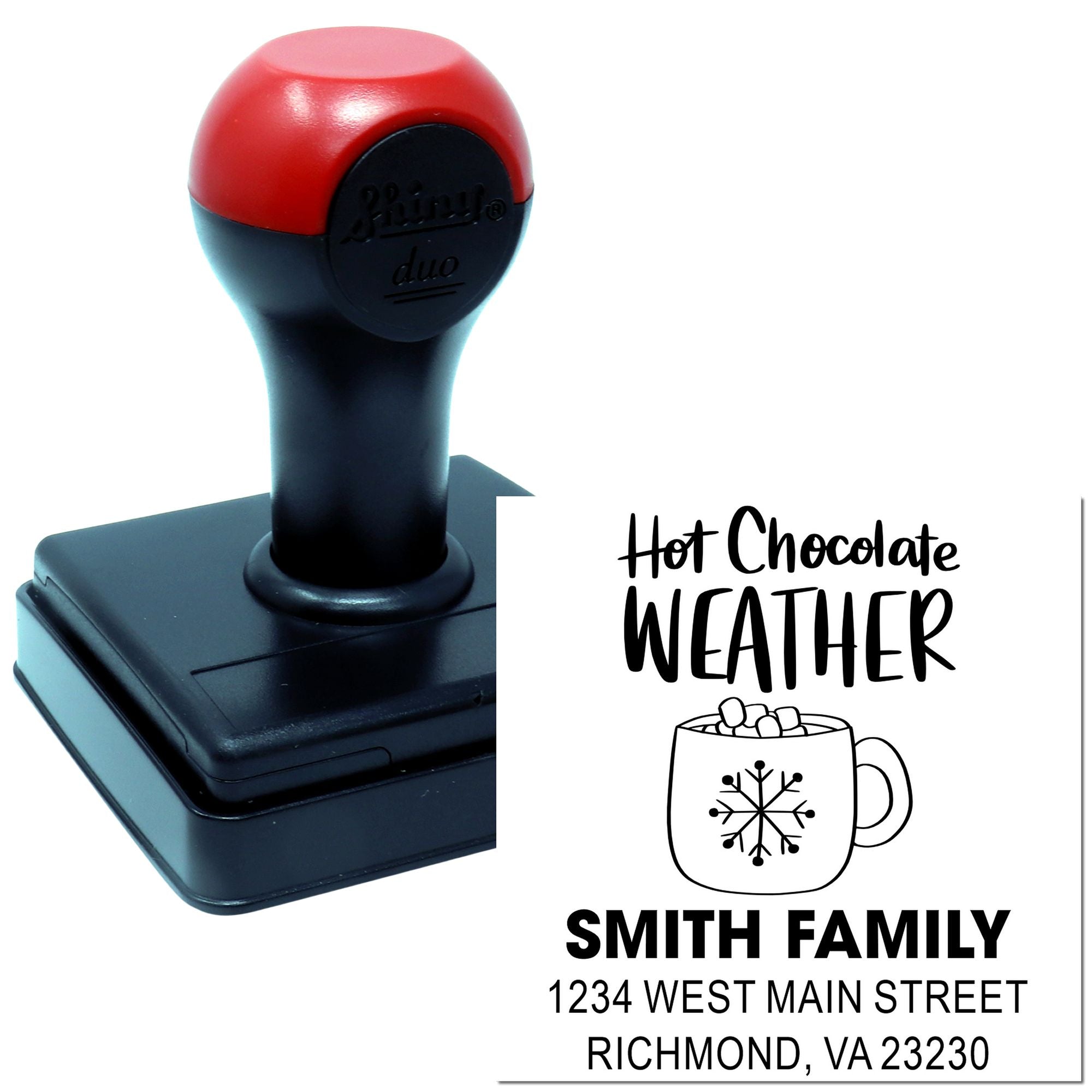Custom self-inking rubber stamp with Hot Chocolate Weather design, Smith Family name, and return address.
