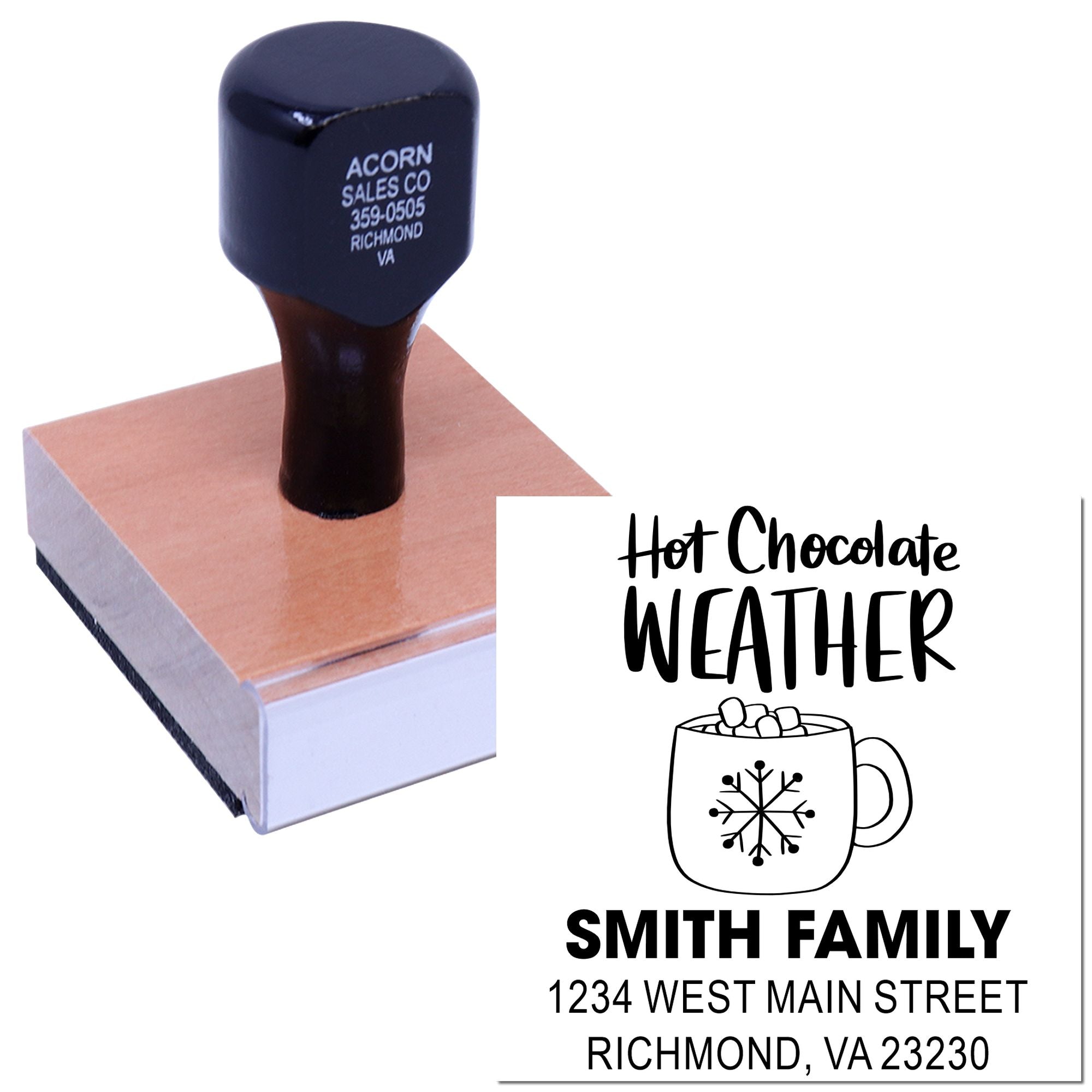 Personalized rubber stamp for hot chocolate weather, featuring a mug icon, Smith Family name, and address.