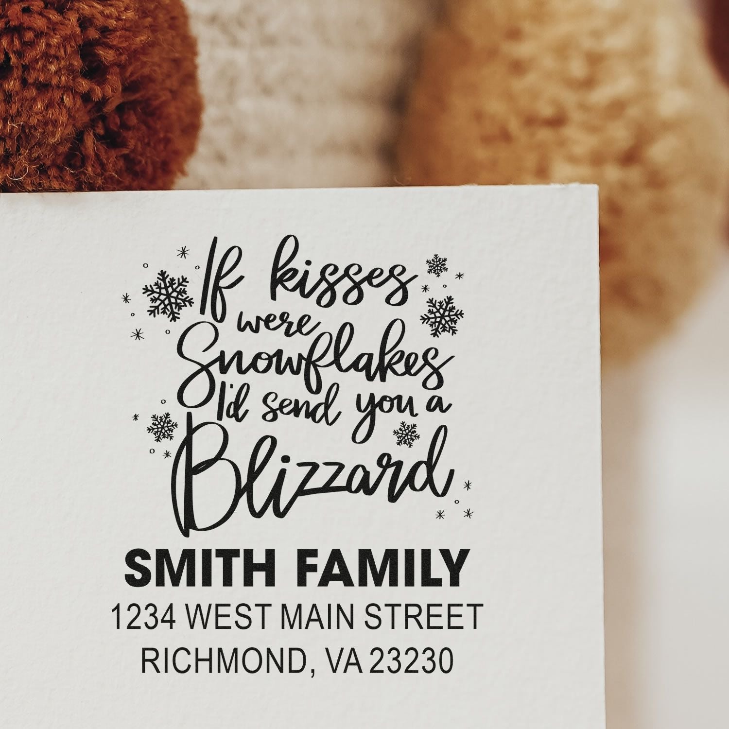 Personalized holiday return address rubber stamp with snowflake quote for Smith Family, Richmond, VA.