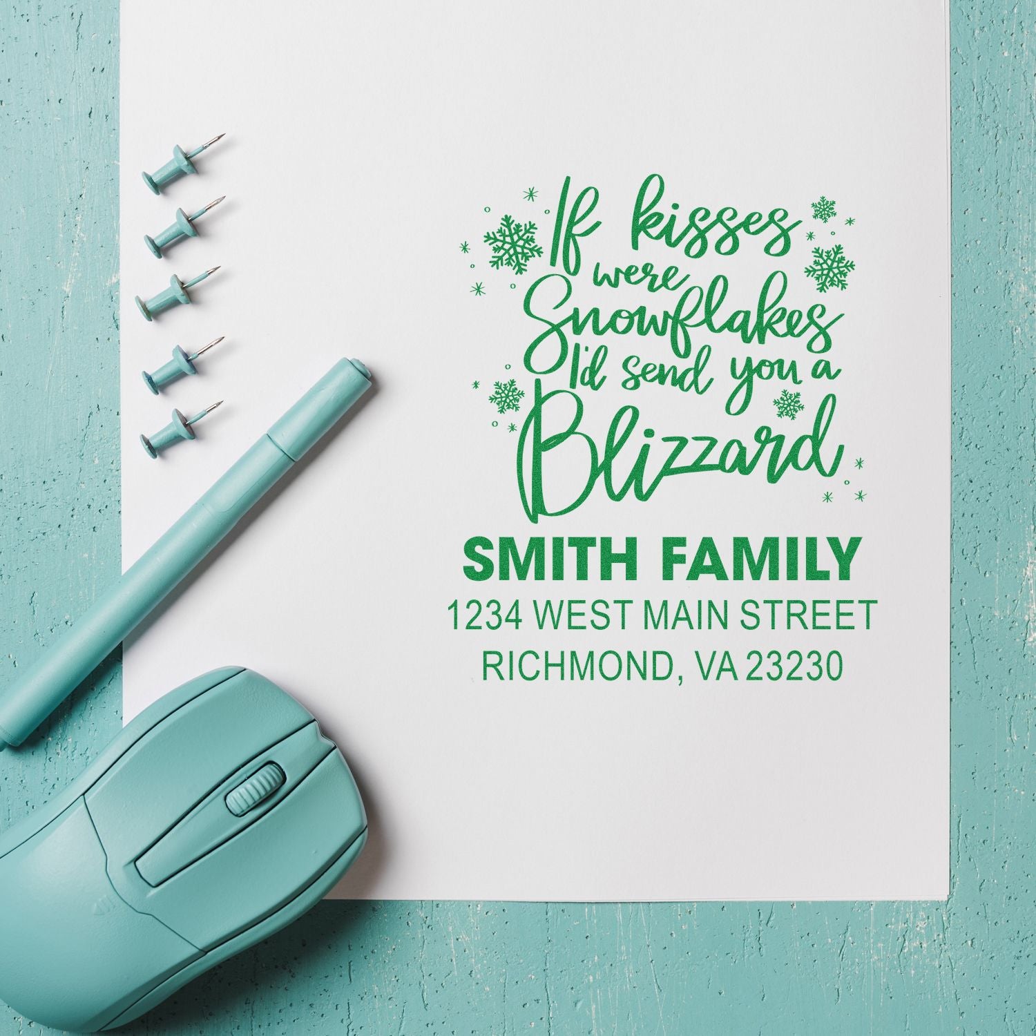 Personalized holiday rubber stamp with snowflake quote, family name, and address for custom Christmas cards and mail.