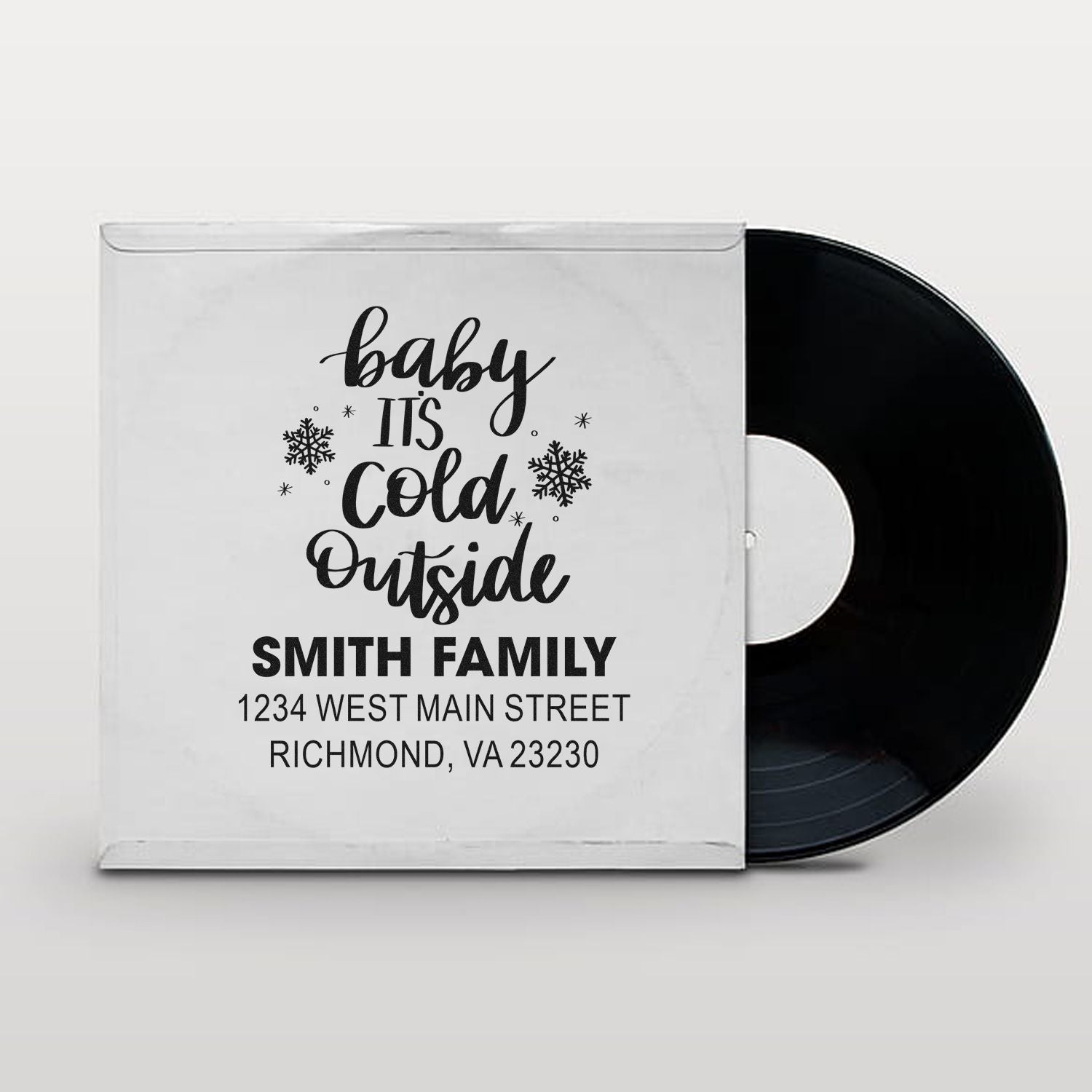 Custom holiday return address rubber stamp with Baby Its Cold Outside design for Smith Family mailing labels.