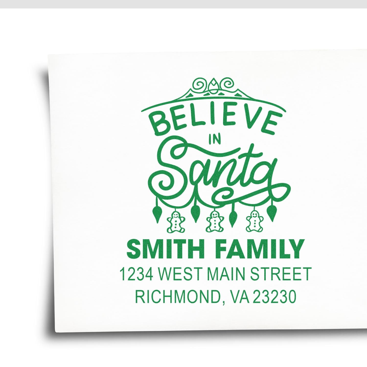 Custom holiday return address rubber stamp with Believe in Santa design for Smith family, Richmond, VA.