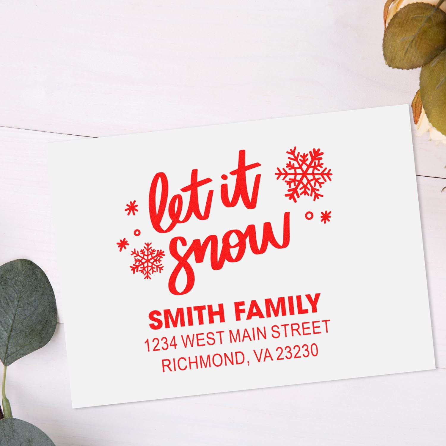 Custom Let It Snow holiday address rubber stamp with snowflakes for Smith Family cards and mailers