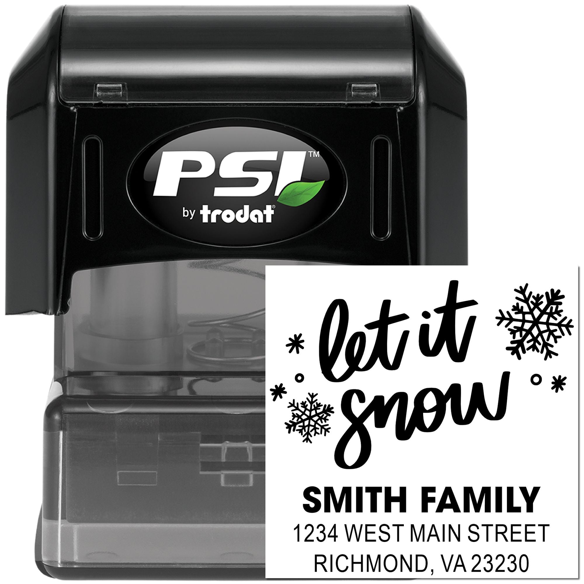 PSI by Trodat self-inking rubber stamp with let it snow return address design for custom holiday cards and mailings