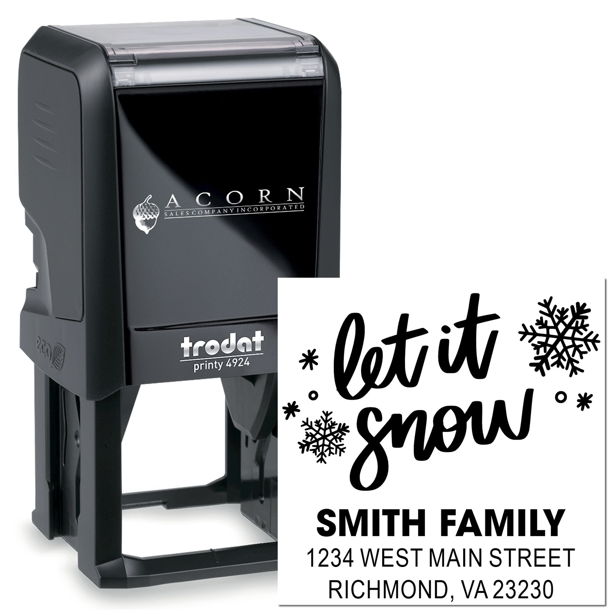 Custom self-inking rubber stamp for holiday mailers, featuring Let it Snow Smith family address design.