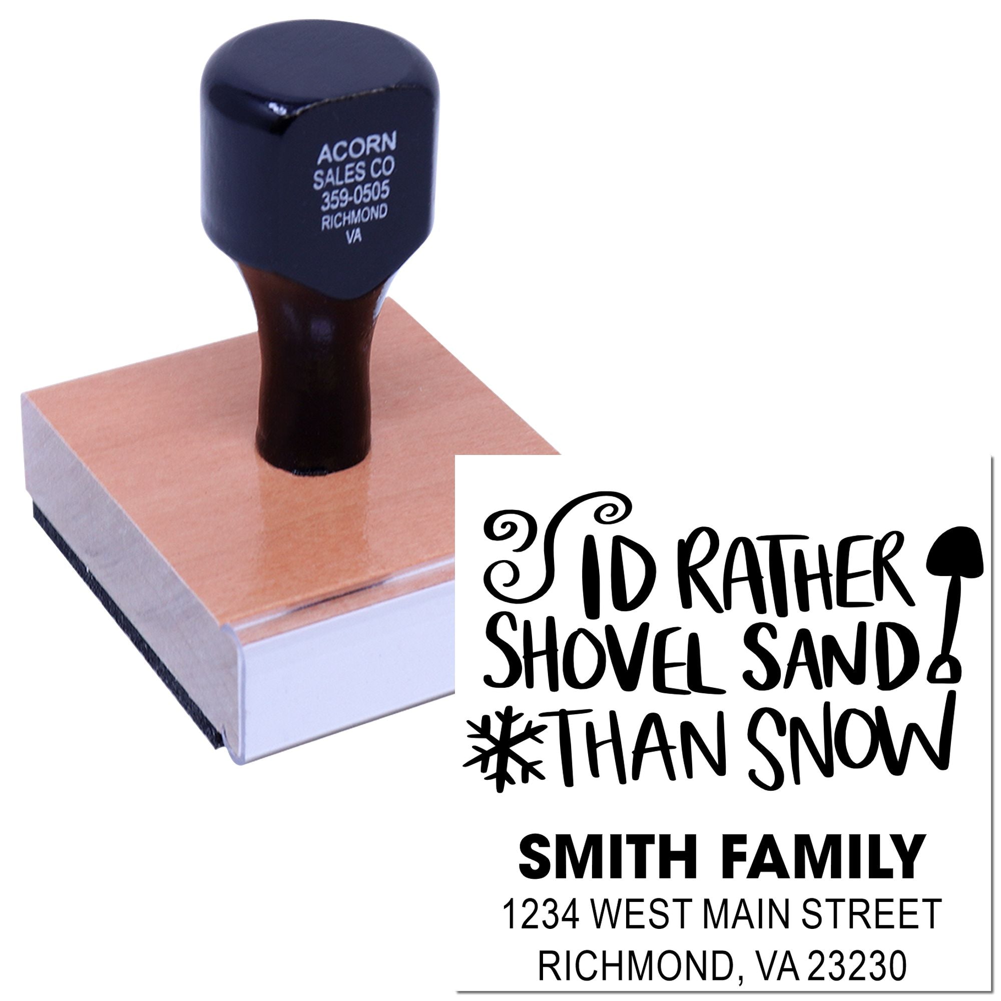 Custom address rubber stamp with "I'd rather shovel sand than snow" design for Smith Family holiday cards and mailing labels.