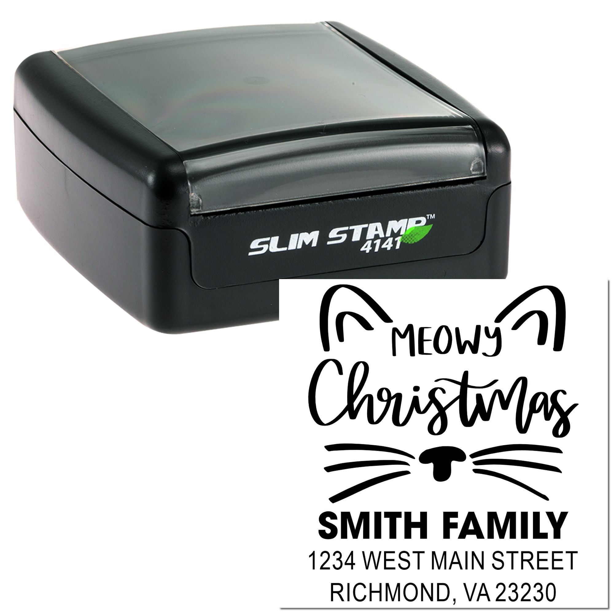 Custom self-inking rubber stamp with cat Christmas return address design, Smith Family, Richmond VA, on Slim Stamp 4141.