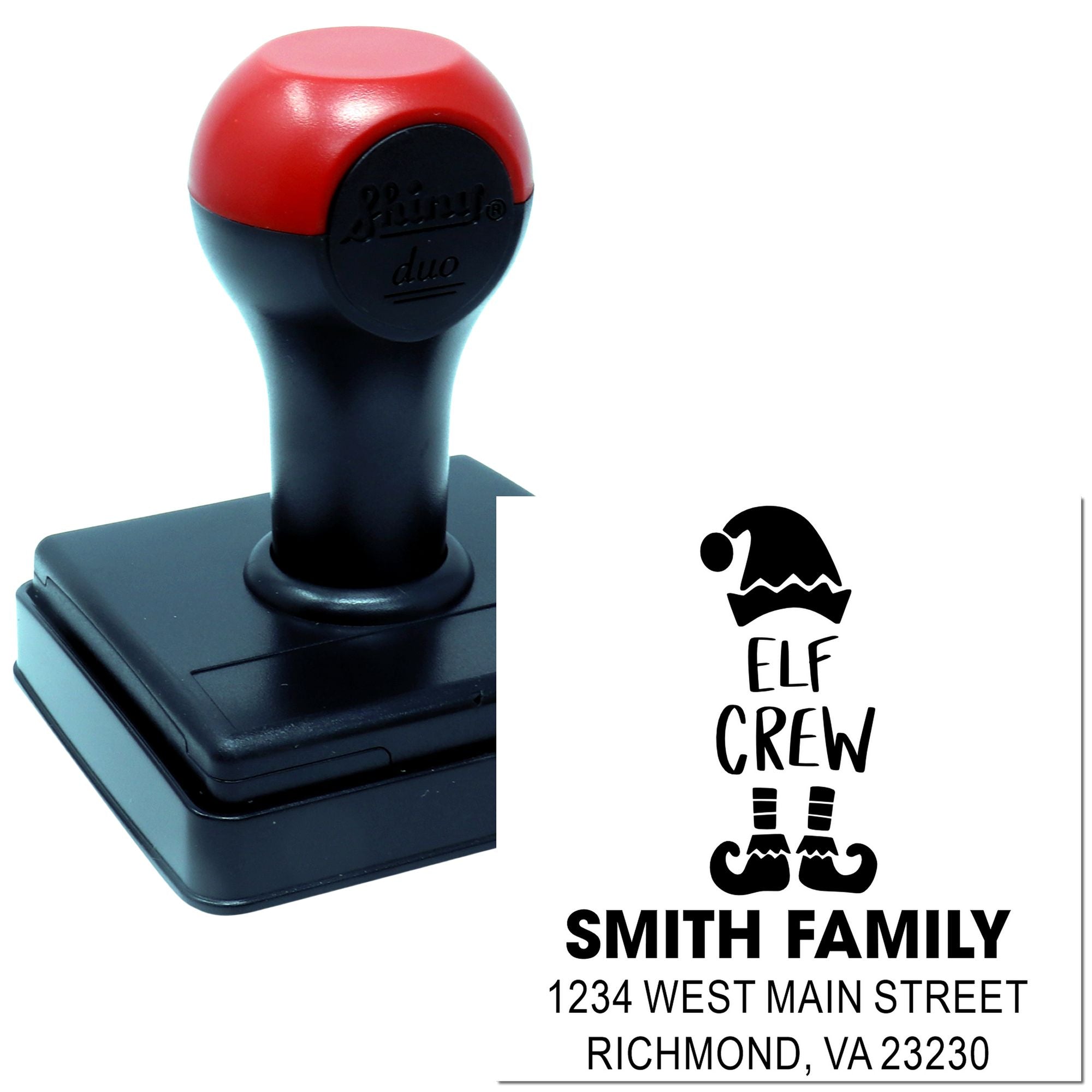 Custom self-inking rubber stamp with Elf Crew Smith Family address design for holiday cards and mailing labels.