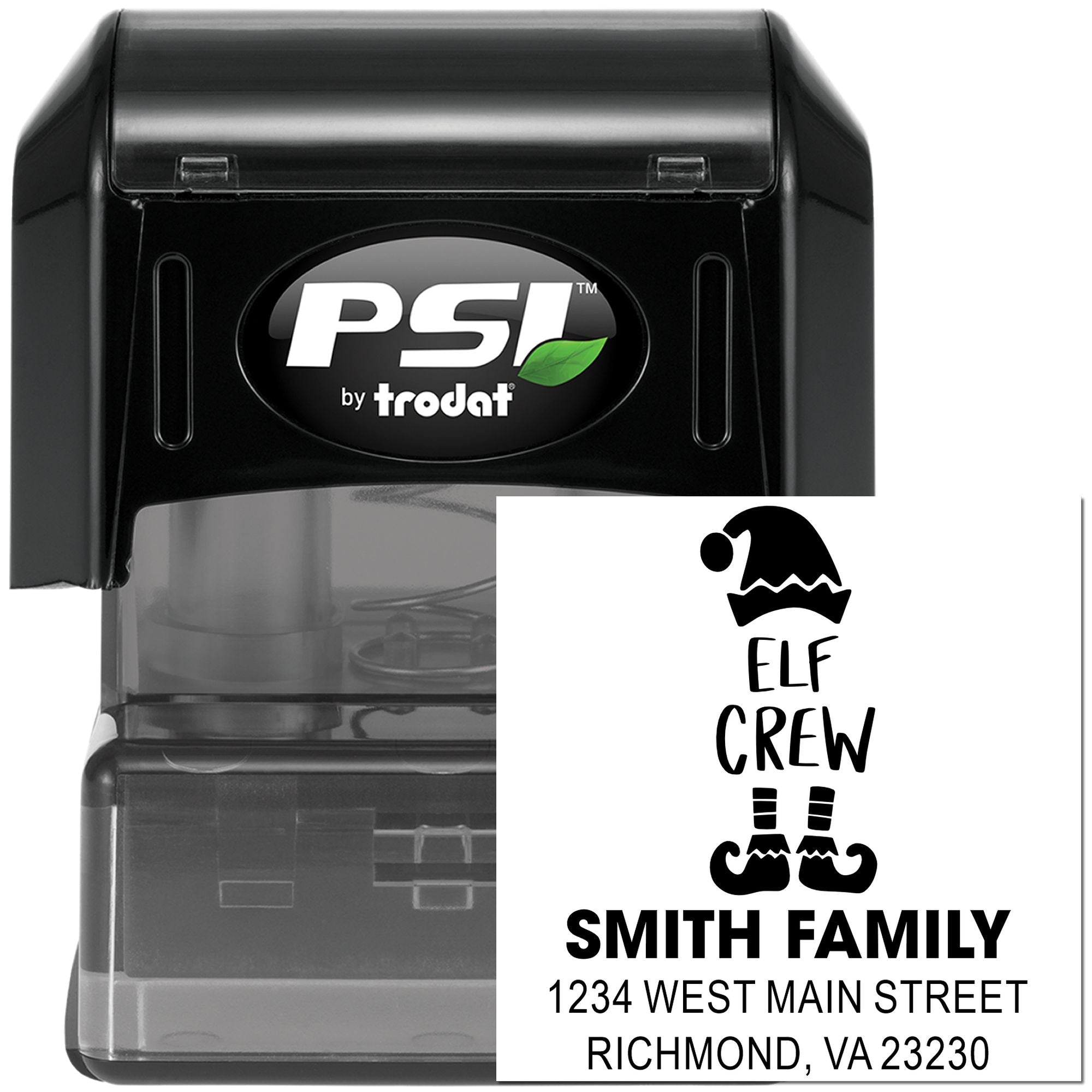 PSI by Trodat self-inking return address rubber stamp with Elf Crew family holiday design for cards and mail.