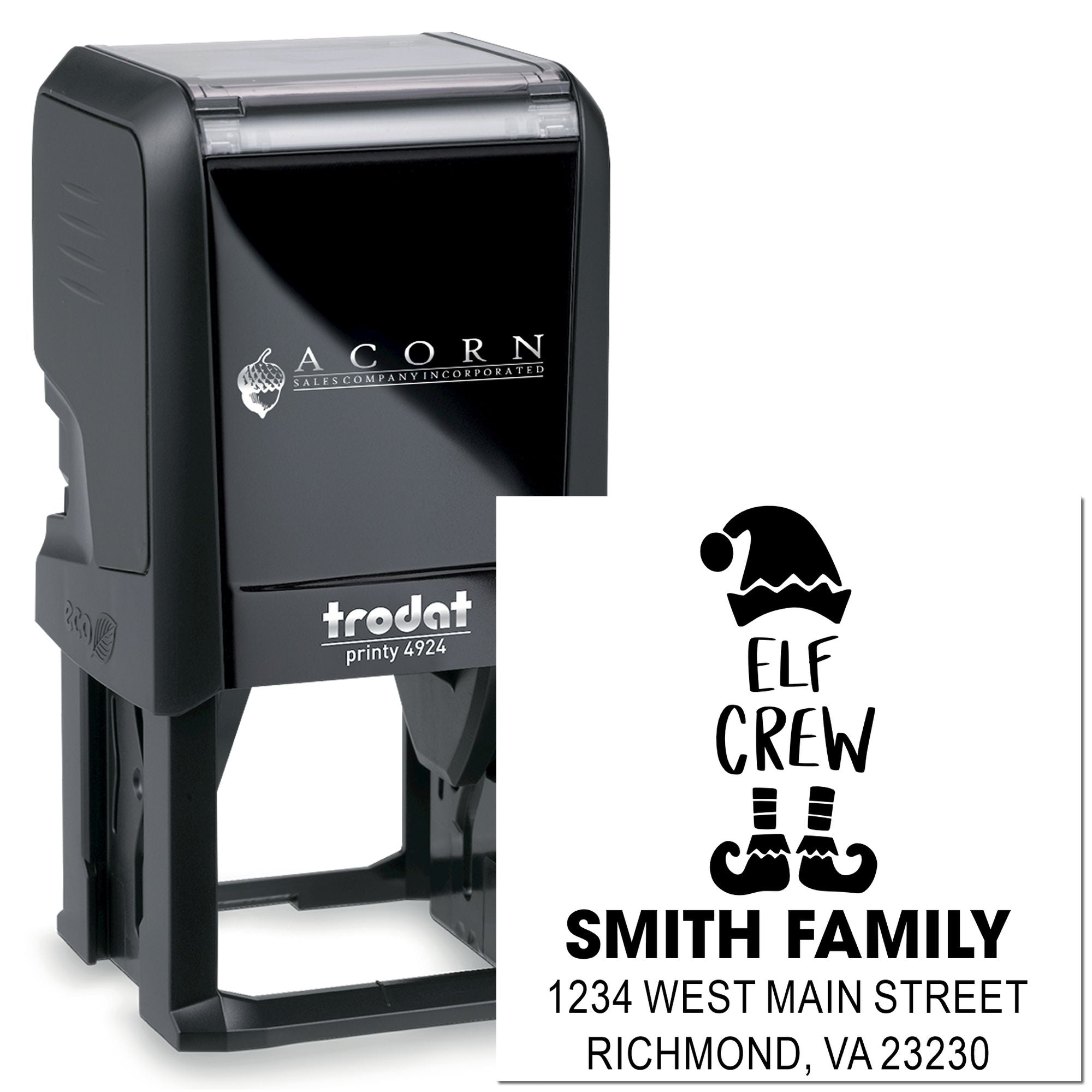 Self-inking rubber stamp with custom Elf Crew return address design for personalized holiday mailings.