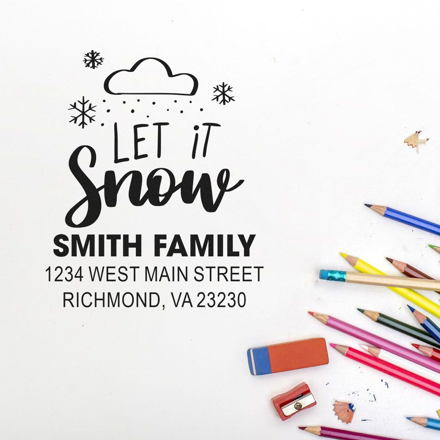 Custom Let It Snow rubber stamp with Smith Family return address and snowflake design for holiday cards and winter mailings.