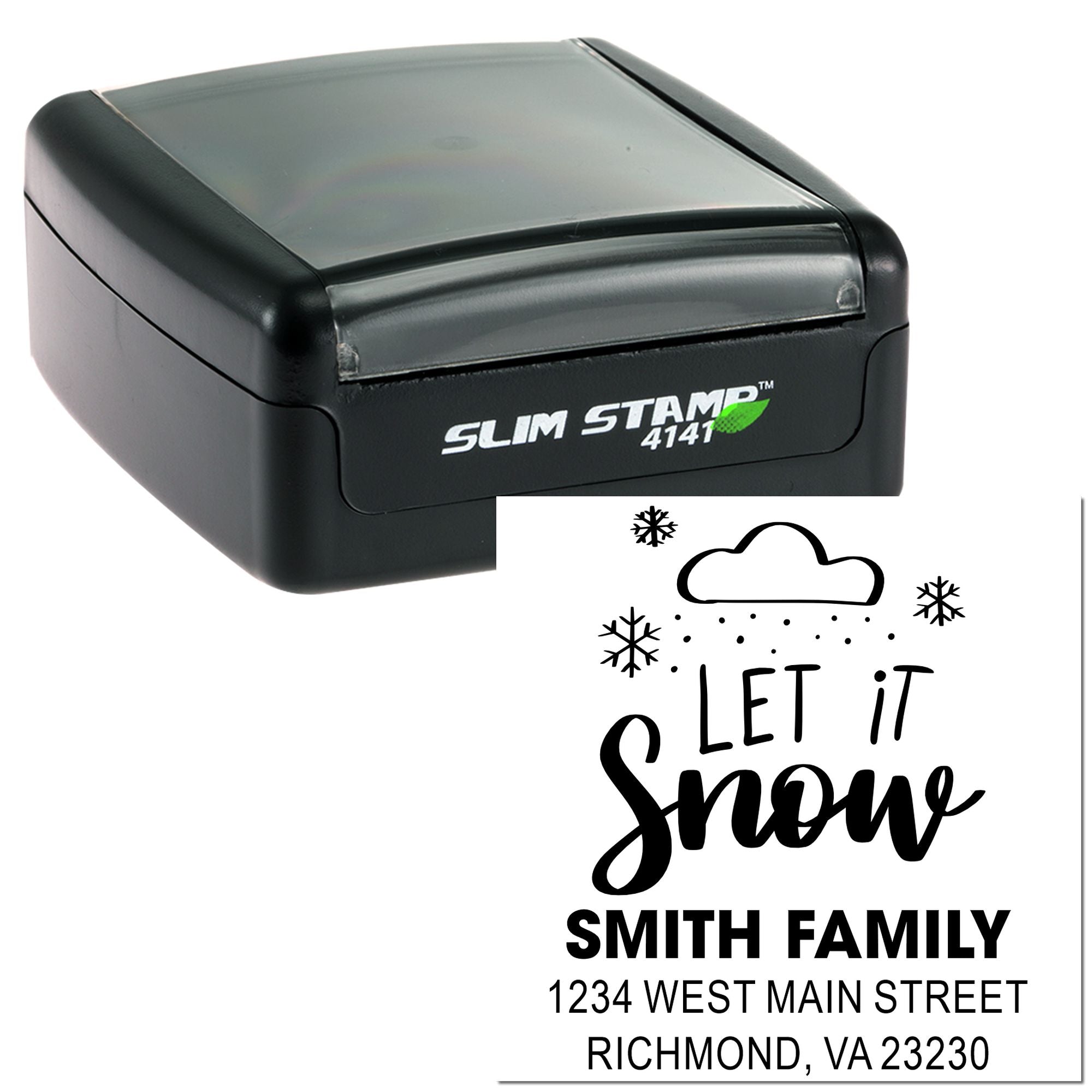 Custom self-inking rubber stamp with holiday Let It Snow return address design for personalized holiday cards and mail.