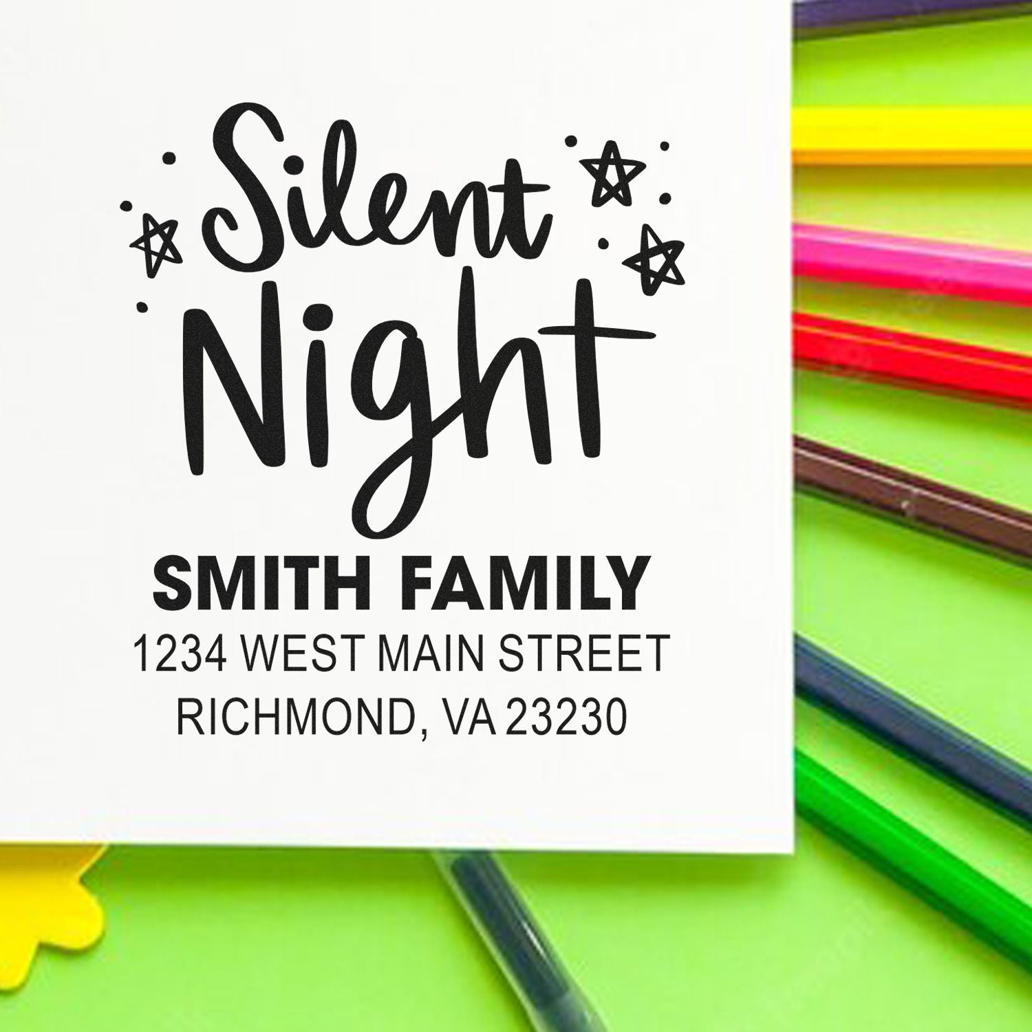 Personalized Silent Night address rubber stamp for Smith family holiday cards and festive envelope mailing.