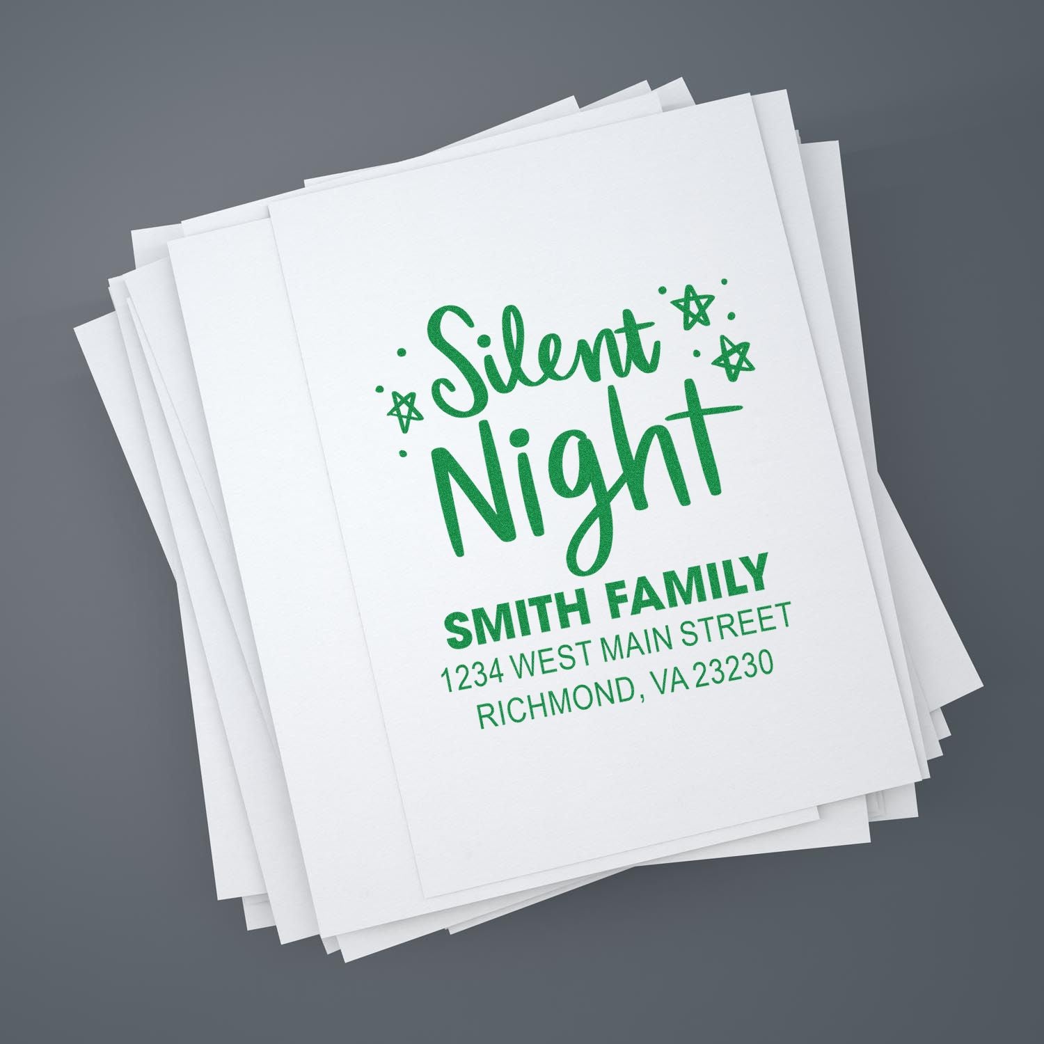 Silent Night family address rubber stamp design for Christmas cards and holiday envelopes