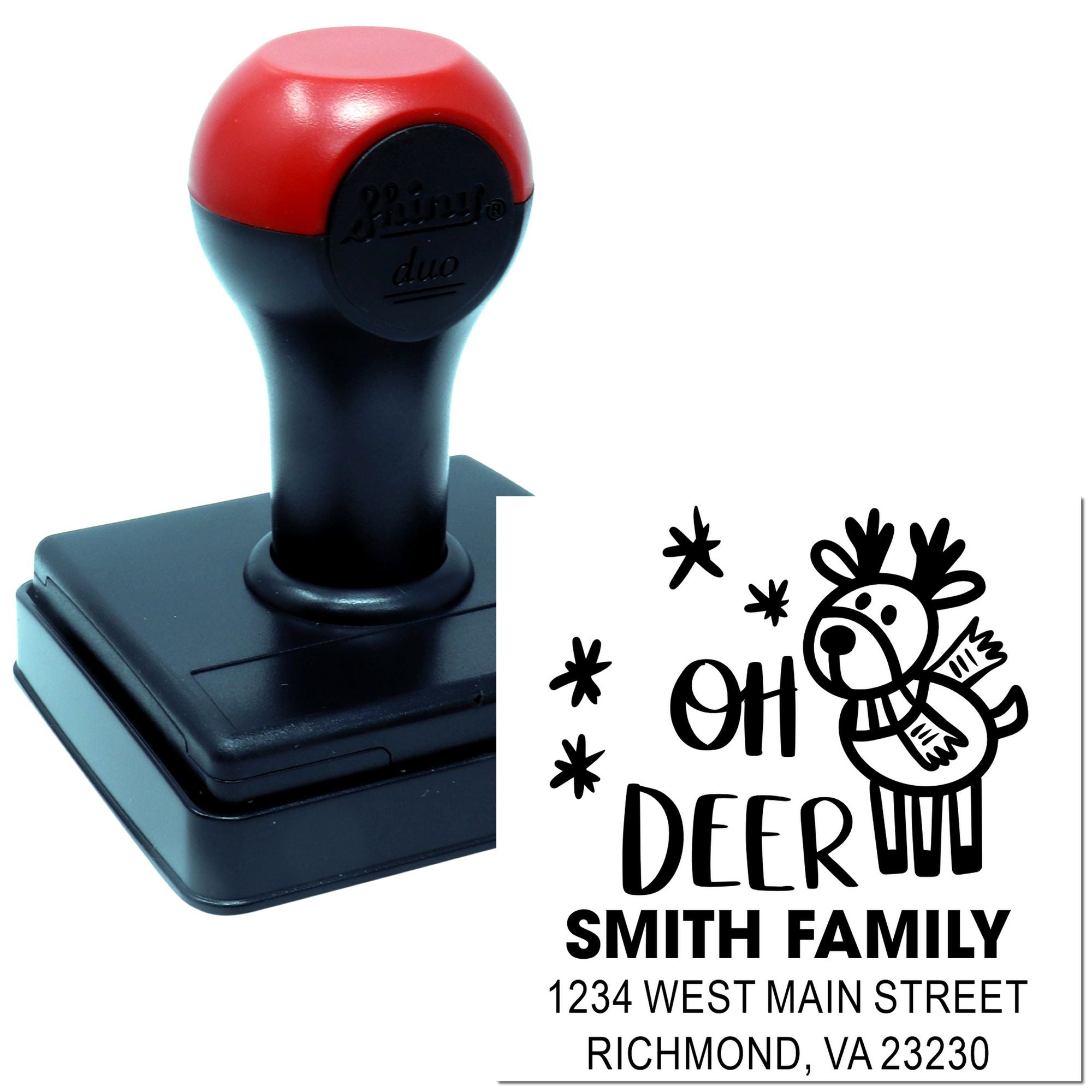 Custom self-inking family address rubber stamp with deer design for personalized holiday cards and return mail.