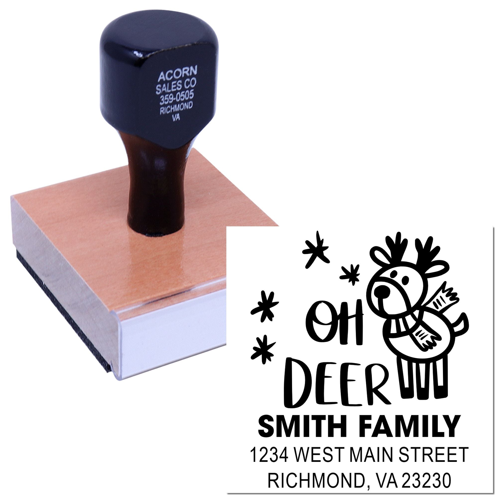 Custom rubber address stamp with deer design and Smith family return address for holiday cards and envelopes.