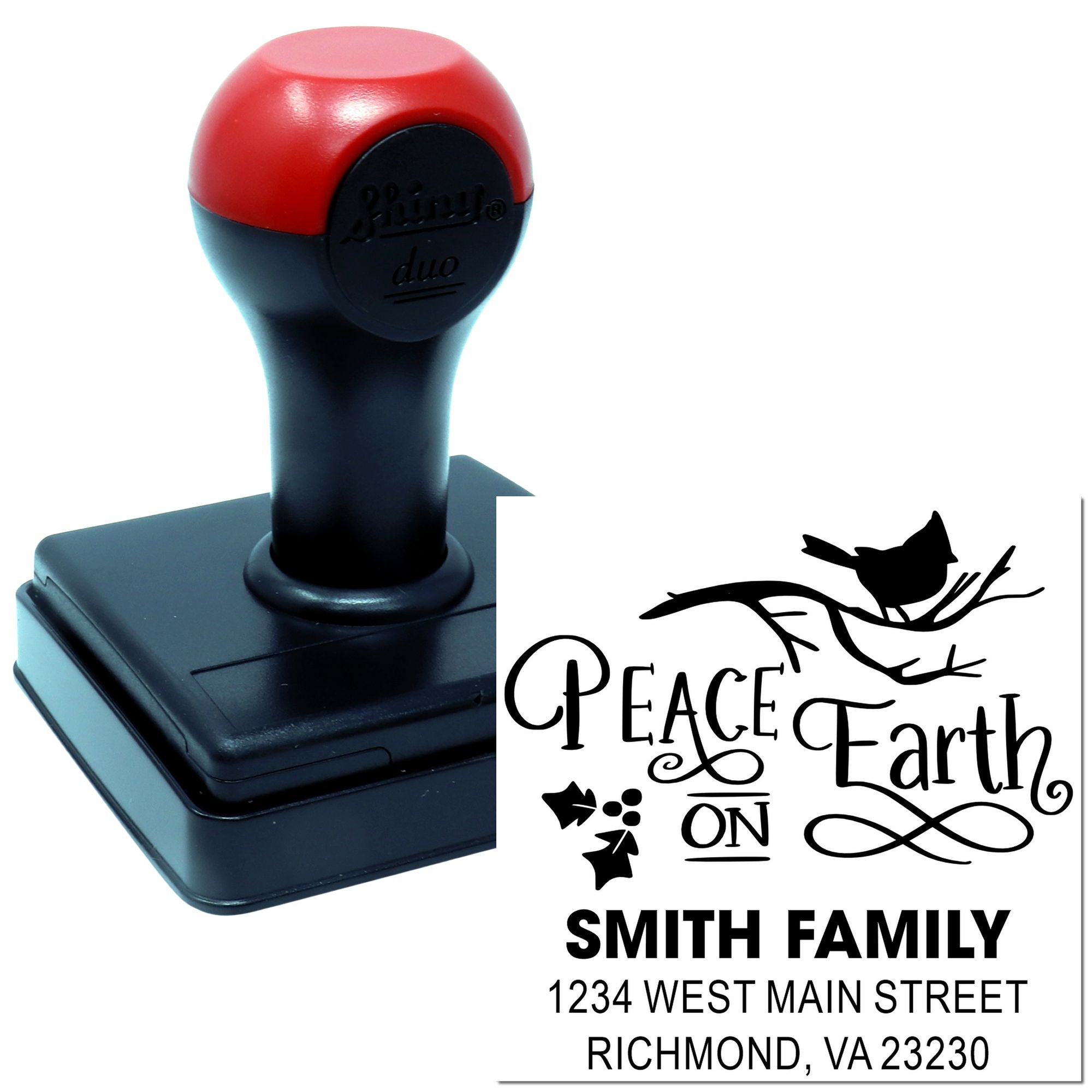 Self-inking rubber address stamp with custom Peace Earth On family design, Smith Family name, and return address.