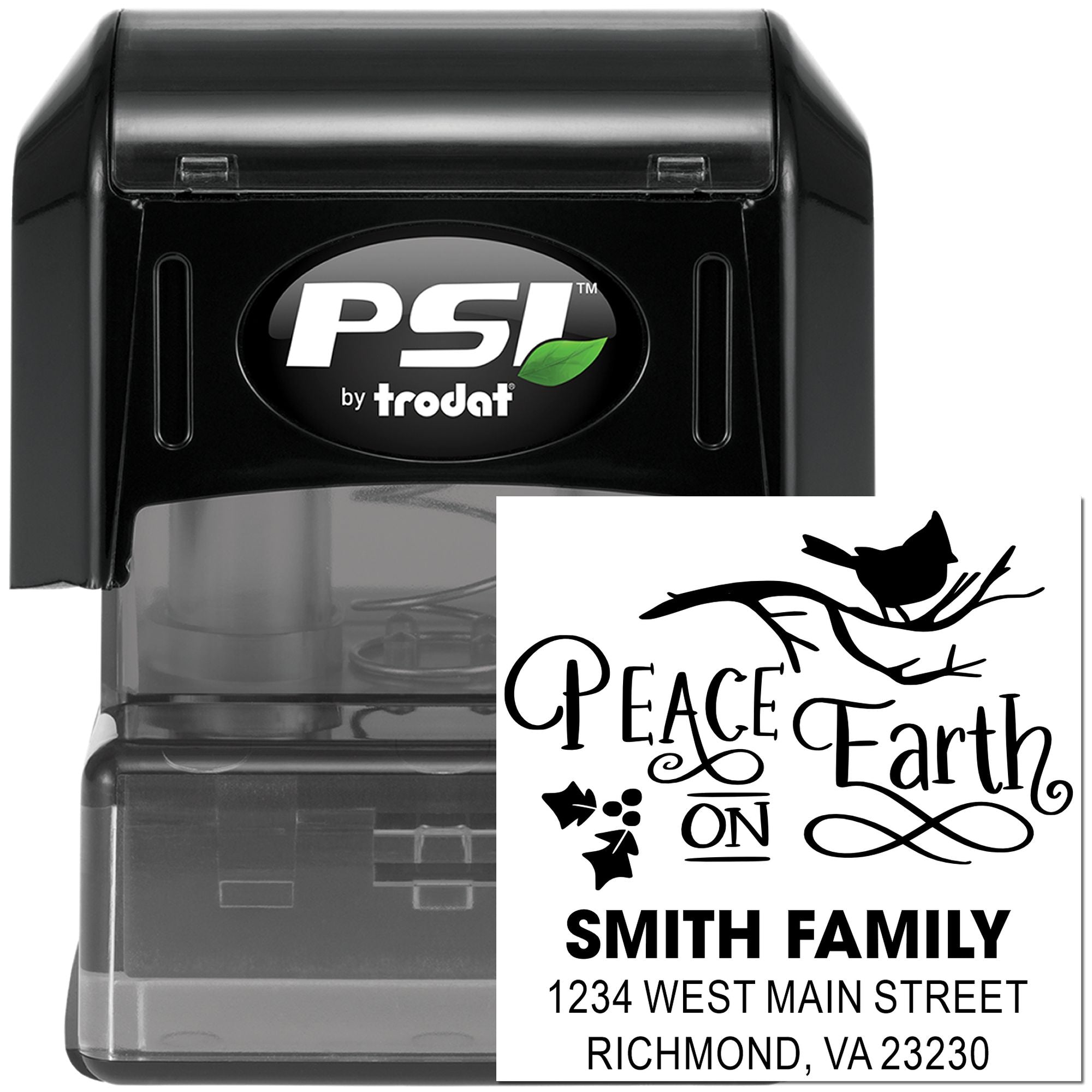 Custom self-inking rubber stamp with Peace on Earth family address design by PSI by Trodat for holiday cards.