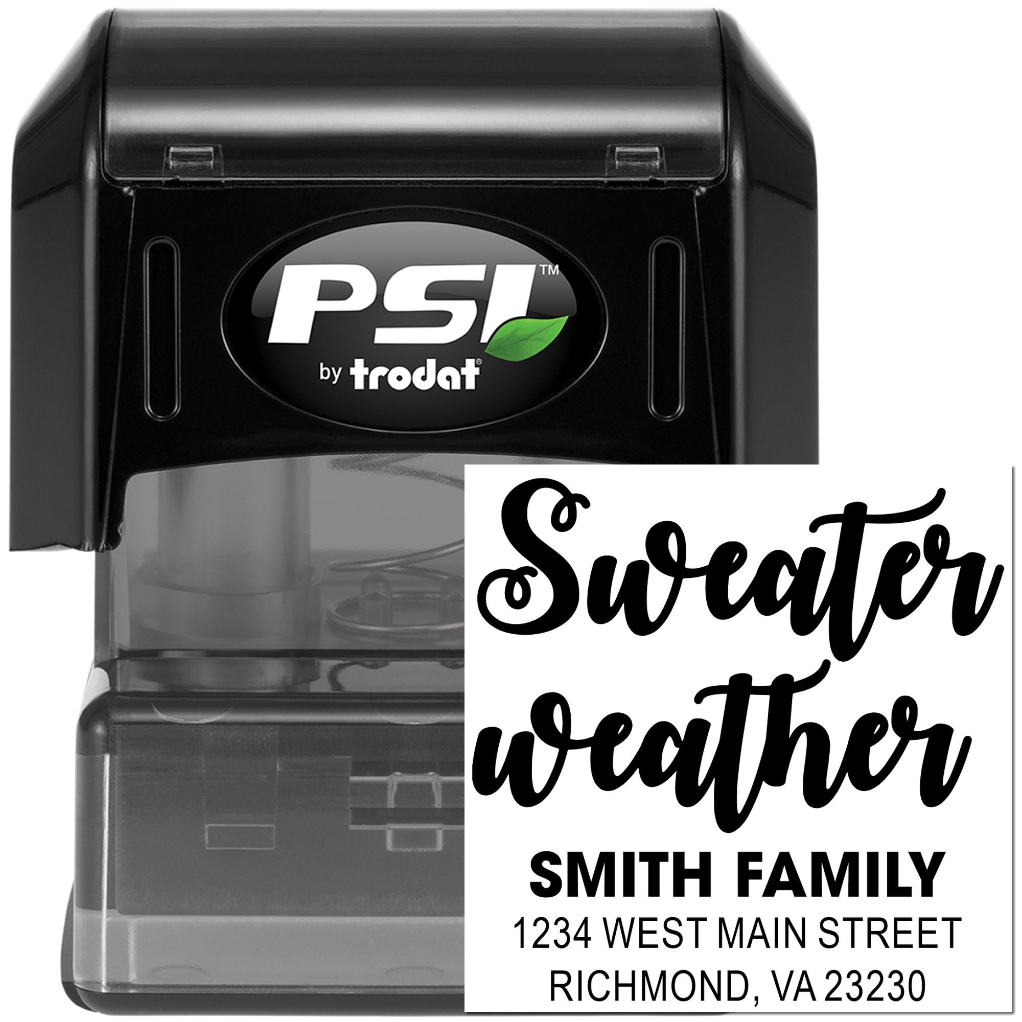 Custom self-inking rubber stamp with Sweater Weather design and Smith Family address for personalized mailing labels.