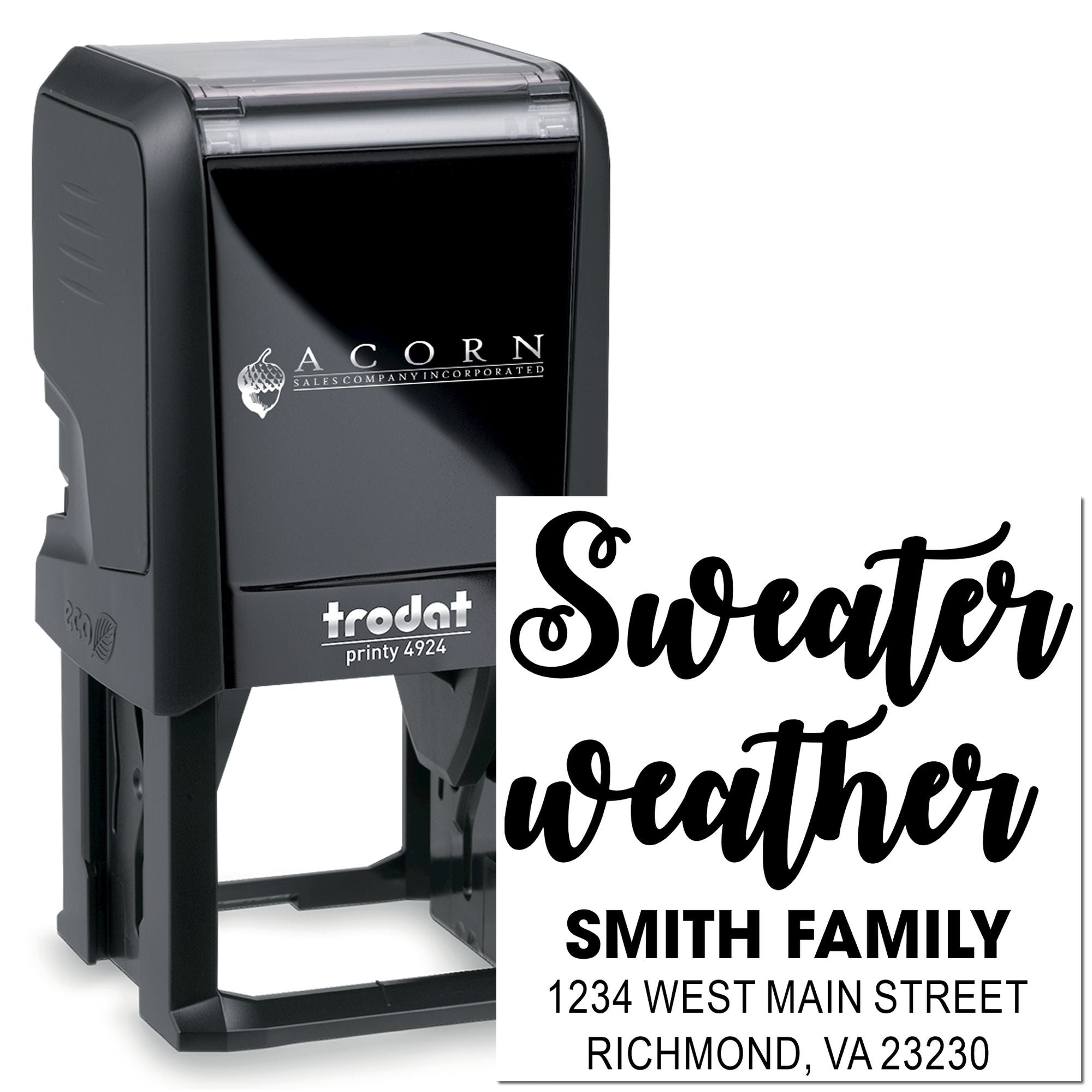 Custom self-inking rubber stamp for personalized mail, featuring Sweater Weather and Smith family return address.
