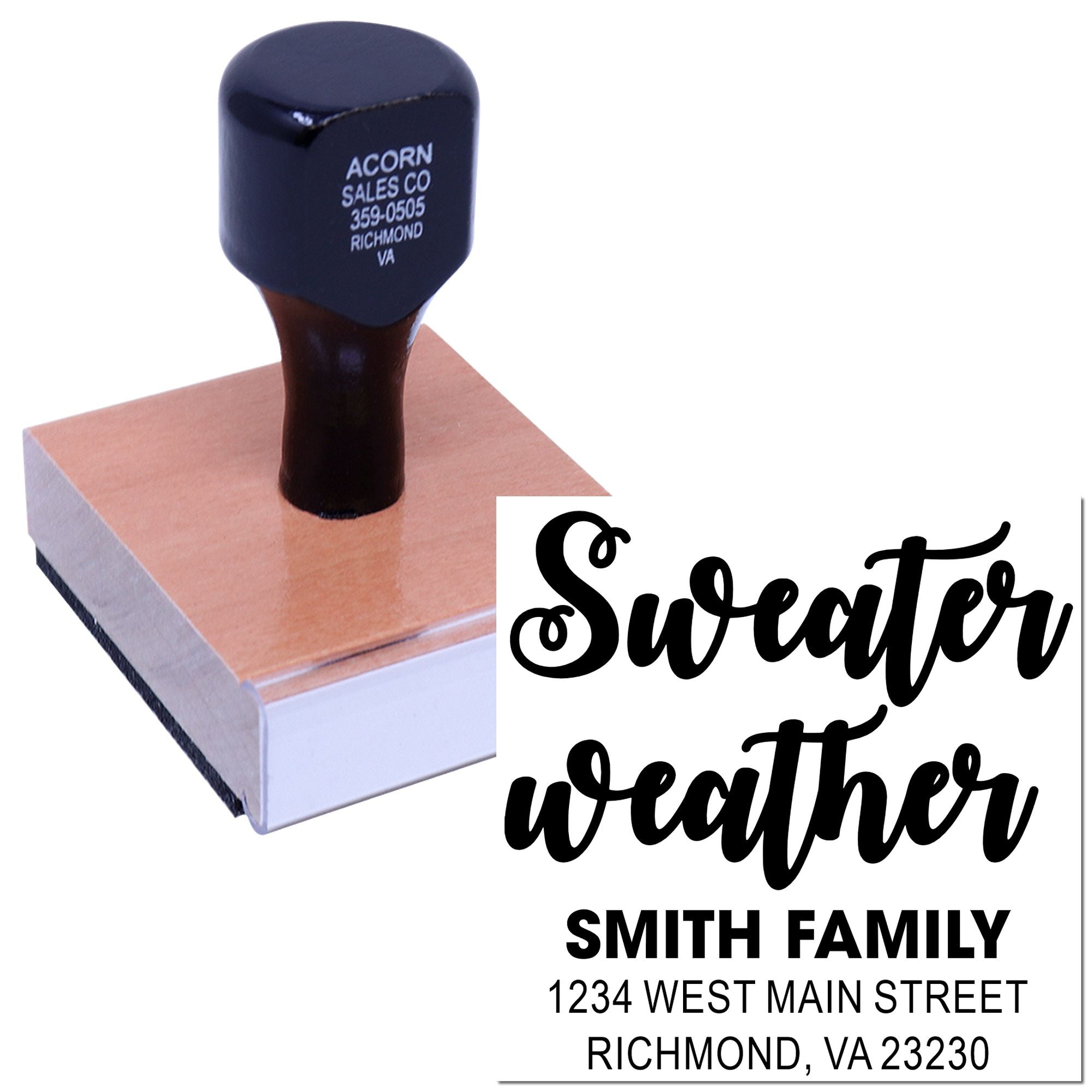 Custom rubber stamp with Sweater Weather design and Smith Family return address for personalized mailing and fall crafts