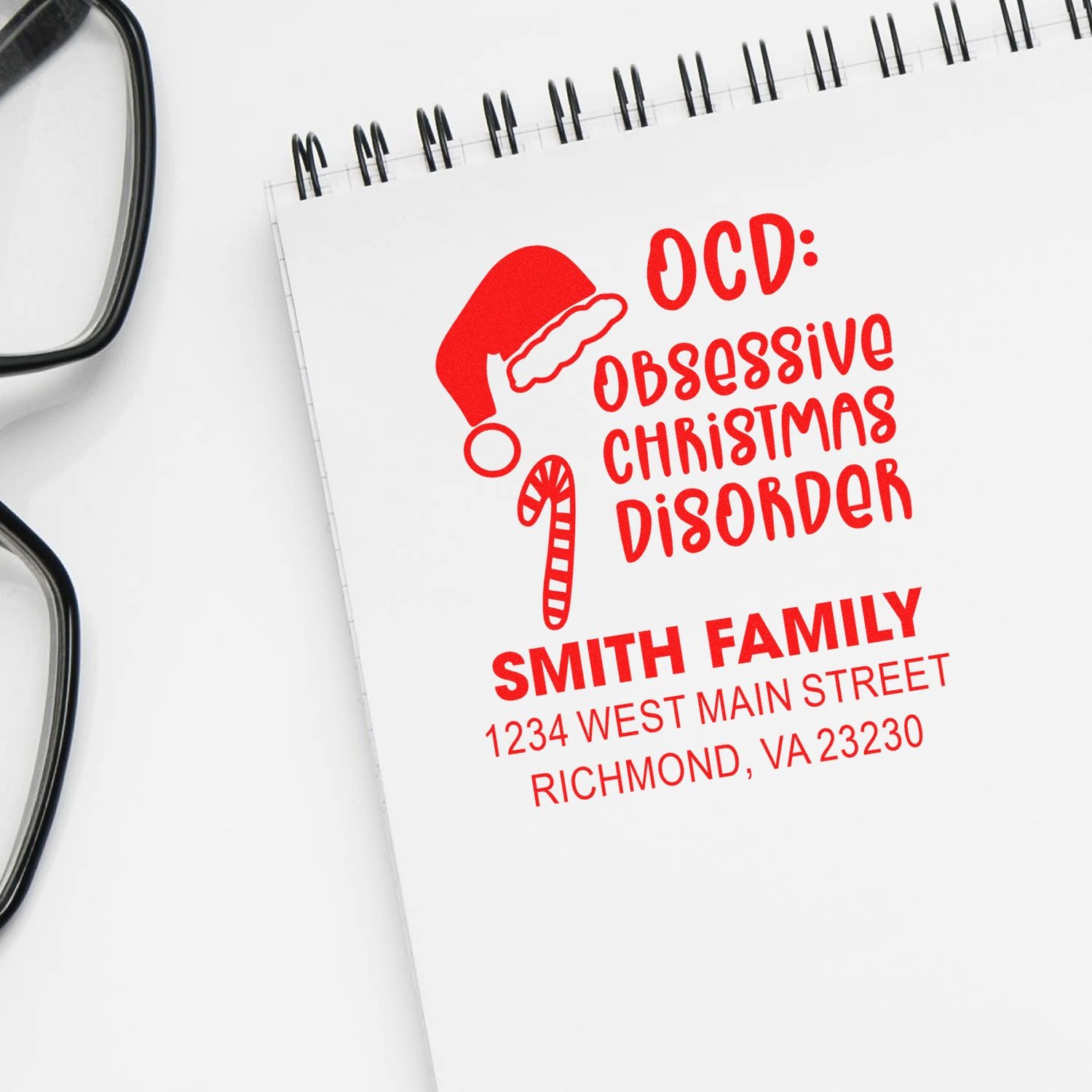 Custom Christmas return address rubber stamp with OCD: Obsessive Christmas Disorder for personalized holiday mail.