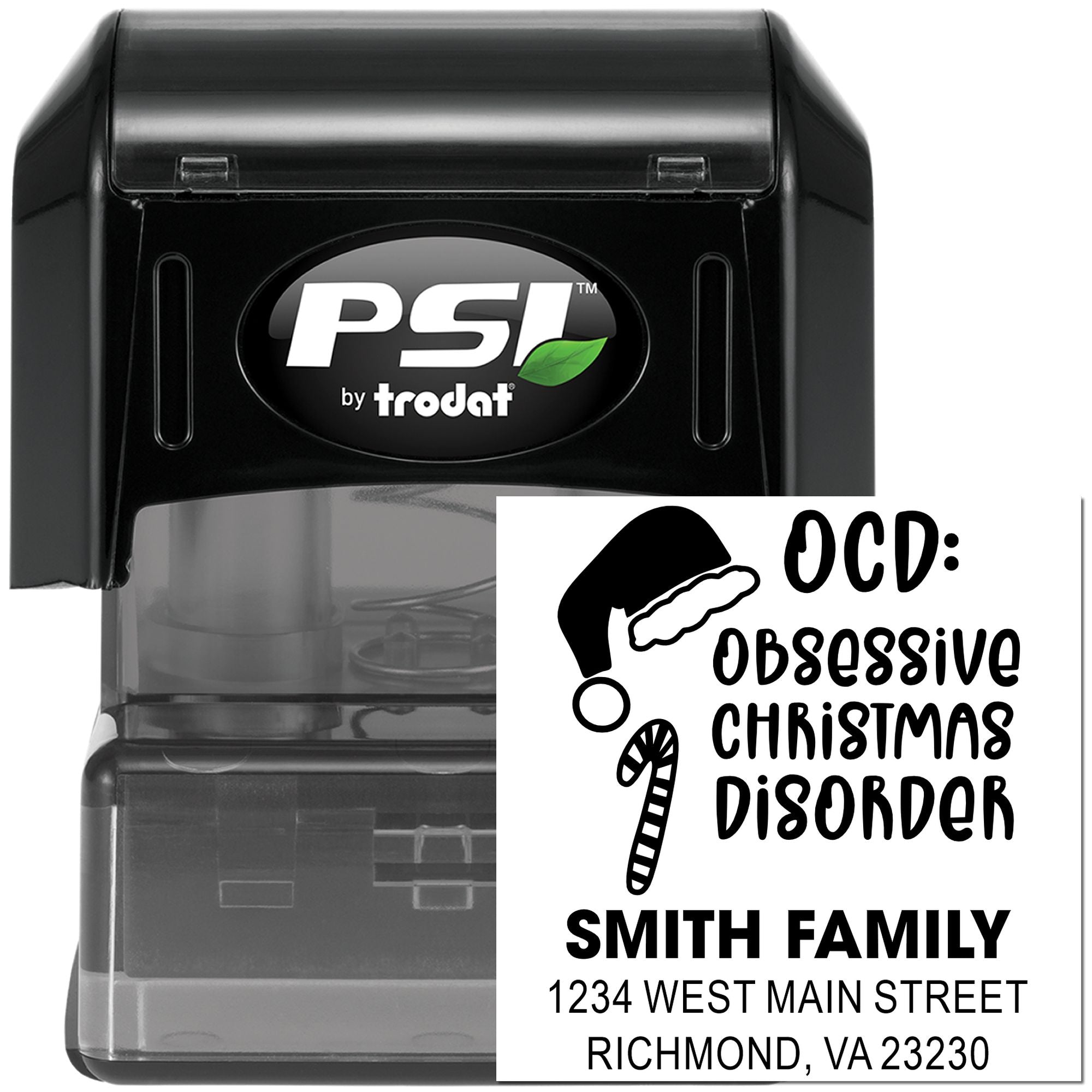 Custom self-inking rubber stamp with OCD Obsessive Christmas Disorder design, family name, and return address for holiday mail.