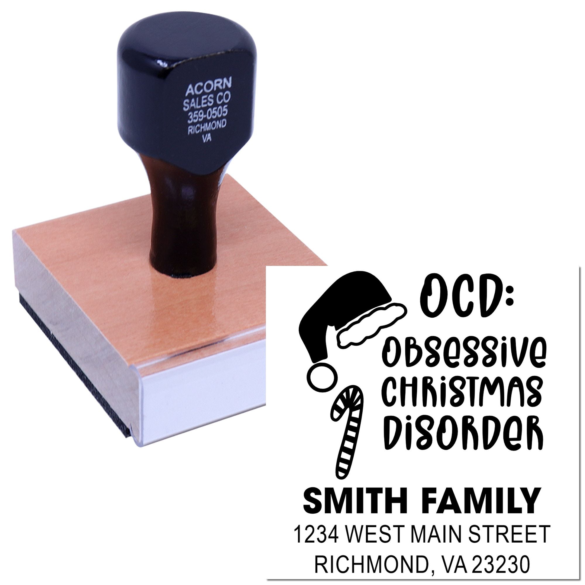 Custom self-inking rubber stamp for holiday address labels, featuring O.C.D. Obsessive Christmas Disorder and family name.