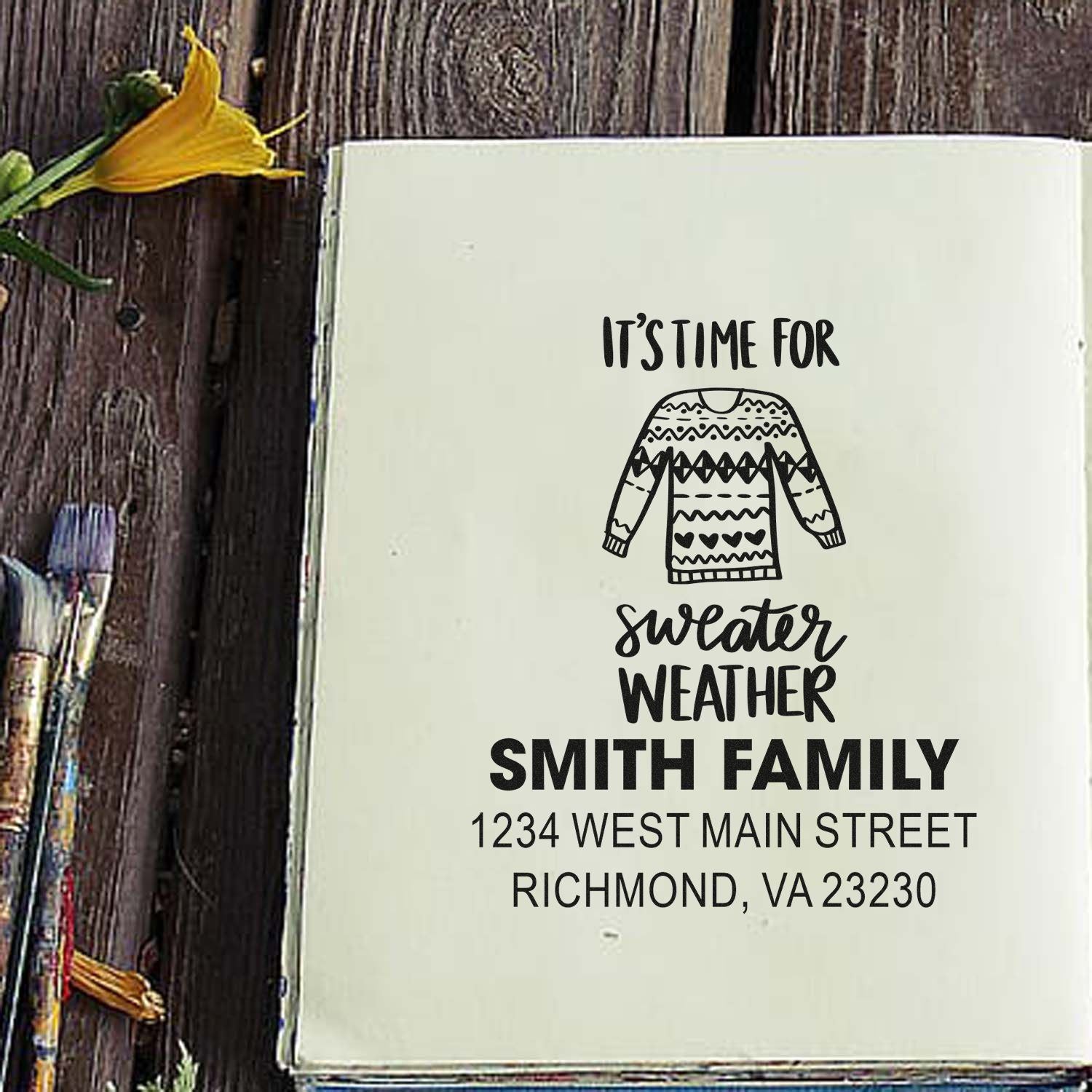 Custom sweater weather family address rubber stamp featuring sweater icon, Smith family name, and Richmond, VA address.