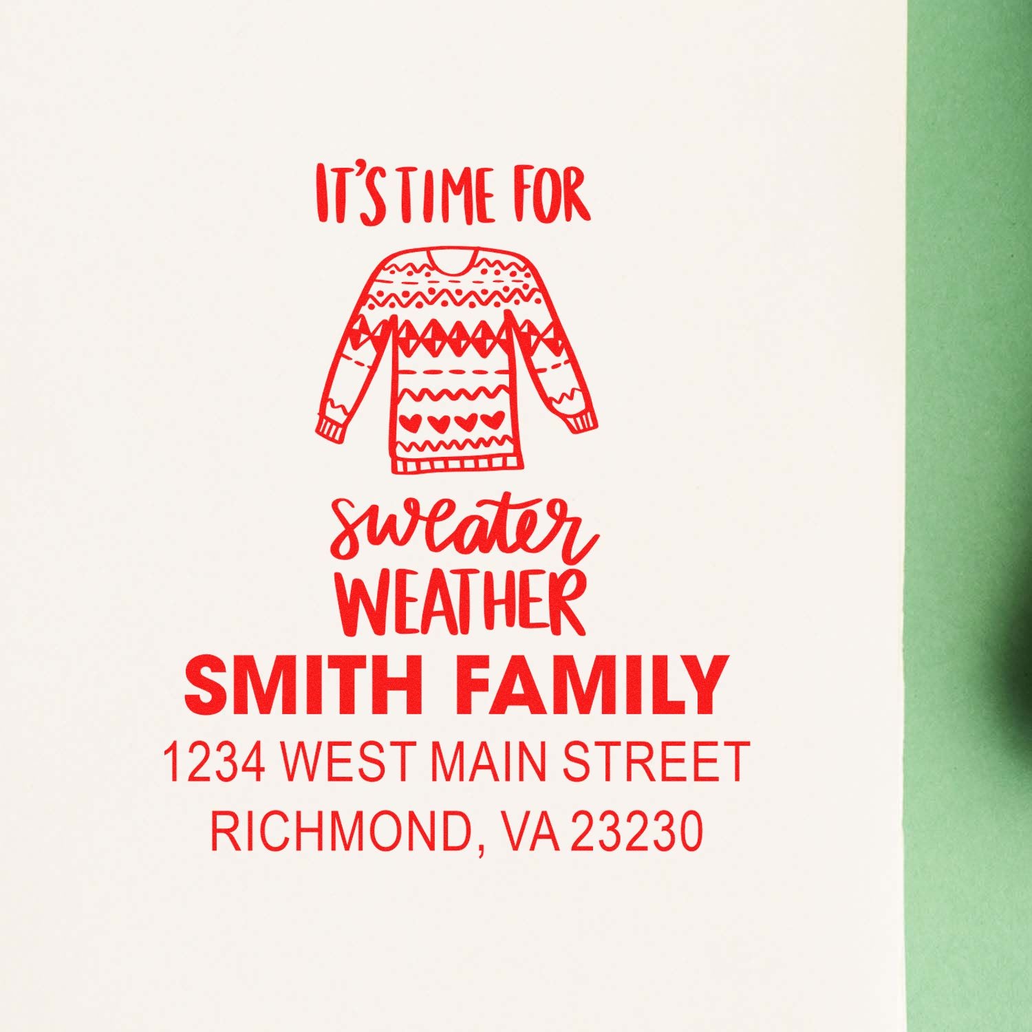 Custom rubber stamp with sweater weather design, Smith family address, for holiday cards, envelopes and winter mail.