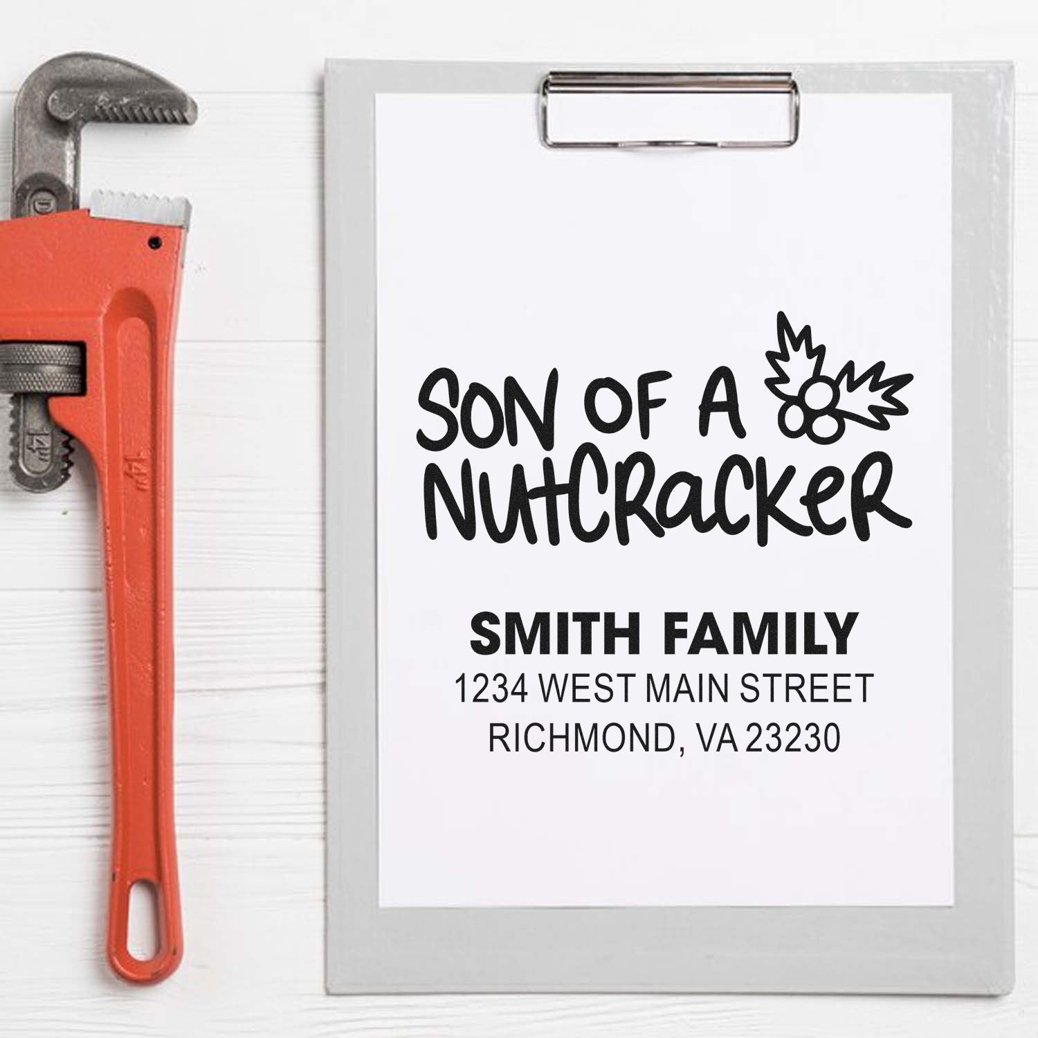 Personalized holiday return address rubber stamp with Son of a Nutcracker design for Smith family mailings.