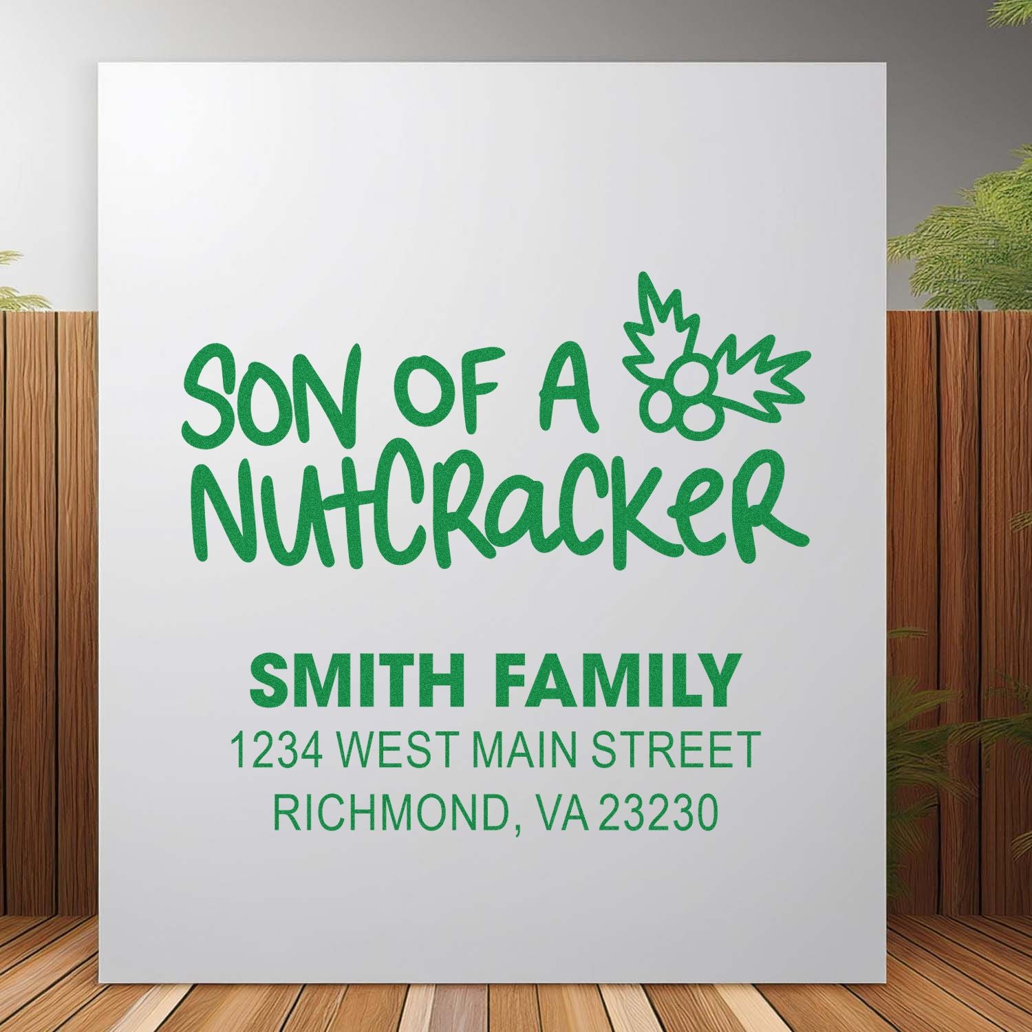 Personalized Son of a Nutcracker holiday rubber stamp with Smith family name and return address.