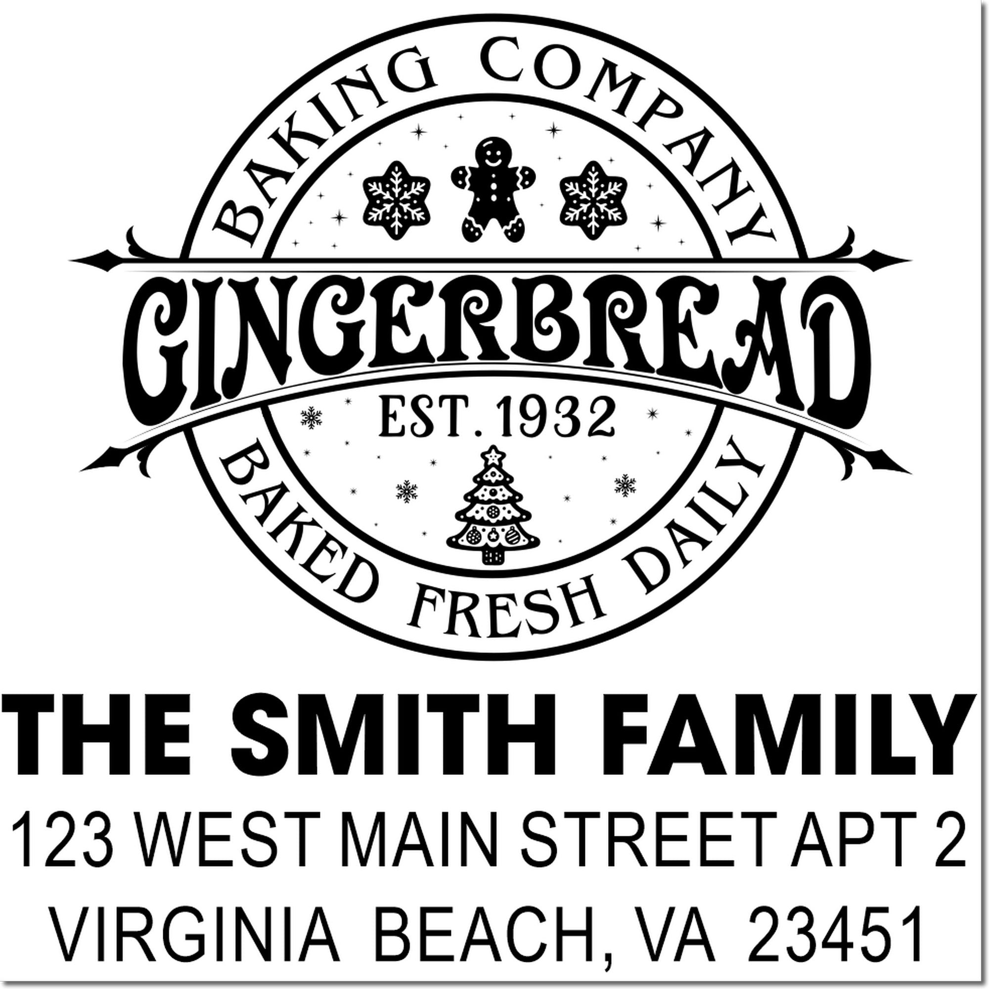 Custom bakery rubber stamp for The Smith Family with Gingerbread Bakery logo and Virginia Beach, VA address.