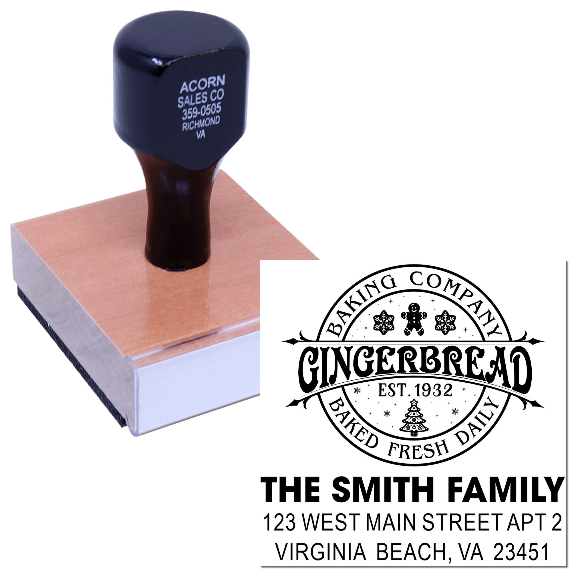 Custom rubber stamp for bakery branding featuring a personalized gingerbread logo, family name, and address