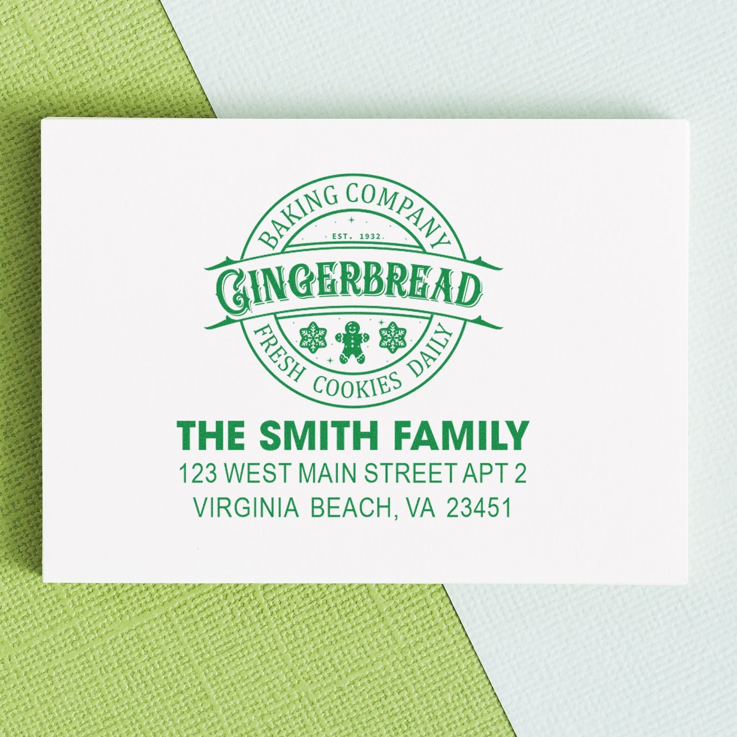 Personalized bakery rubber stamp with gingerbread logo and Smith family return address for holiday mail