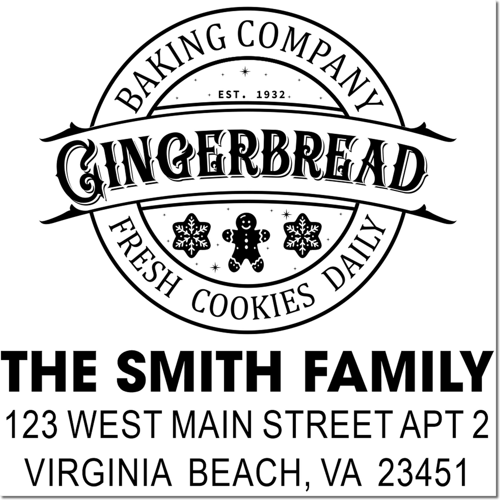 Custom bakery rubber stamp for The Smith Family Gingerbread, fresh cookies daily, with Virginia Beach address and festive logo.