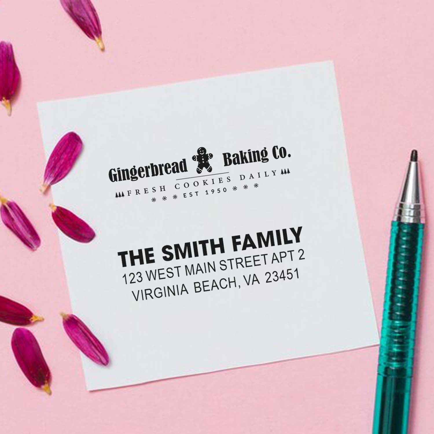 Custom return address rubber stamp for bakery branding, featuring Gingerbread Baking Co. and The Smith Family address.