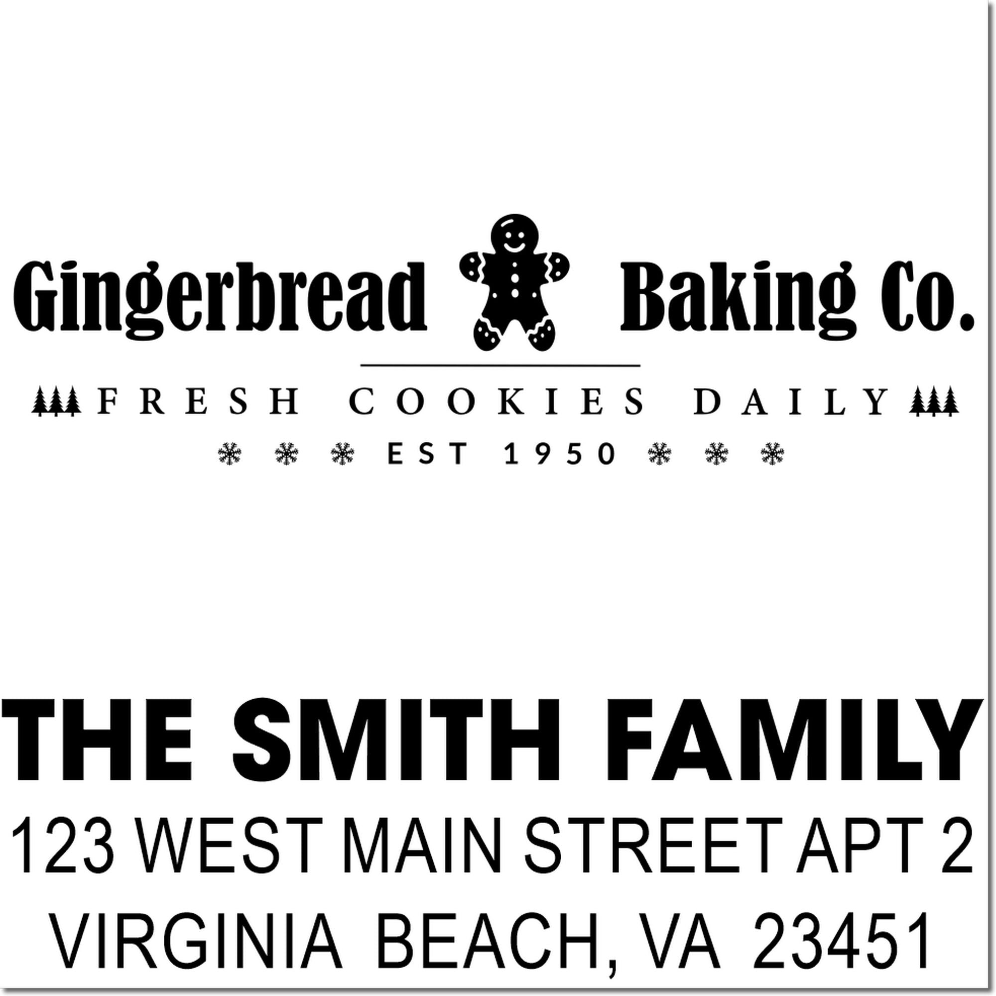 Custom rubber stamp design examples: Gingerbread Baking Co. bakery logo and Smith Family address stamp.