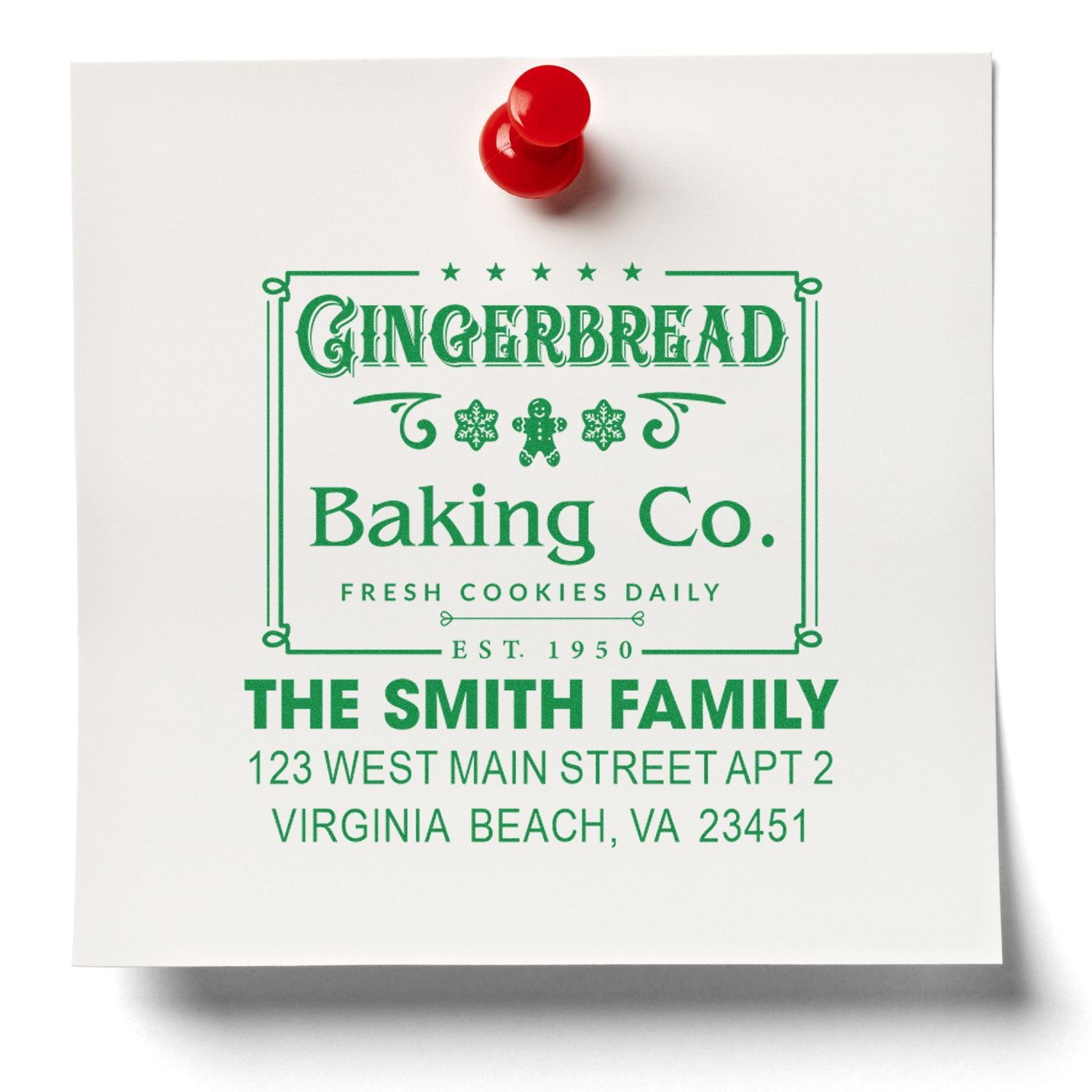 Custom holiday return address rubber stamp for Gingerbread Baking Co., The Smith Family, Virginia Beach address.