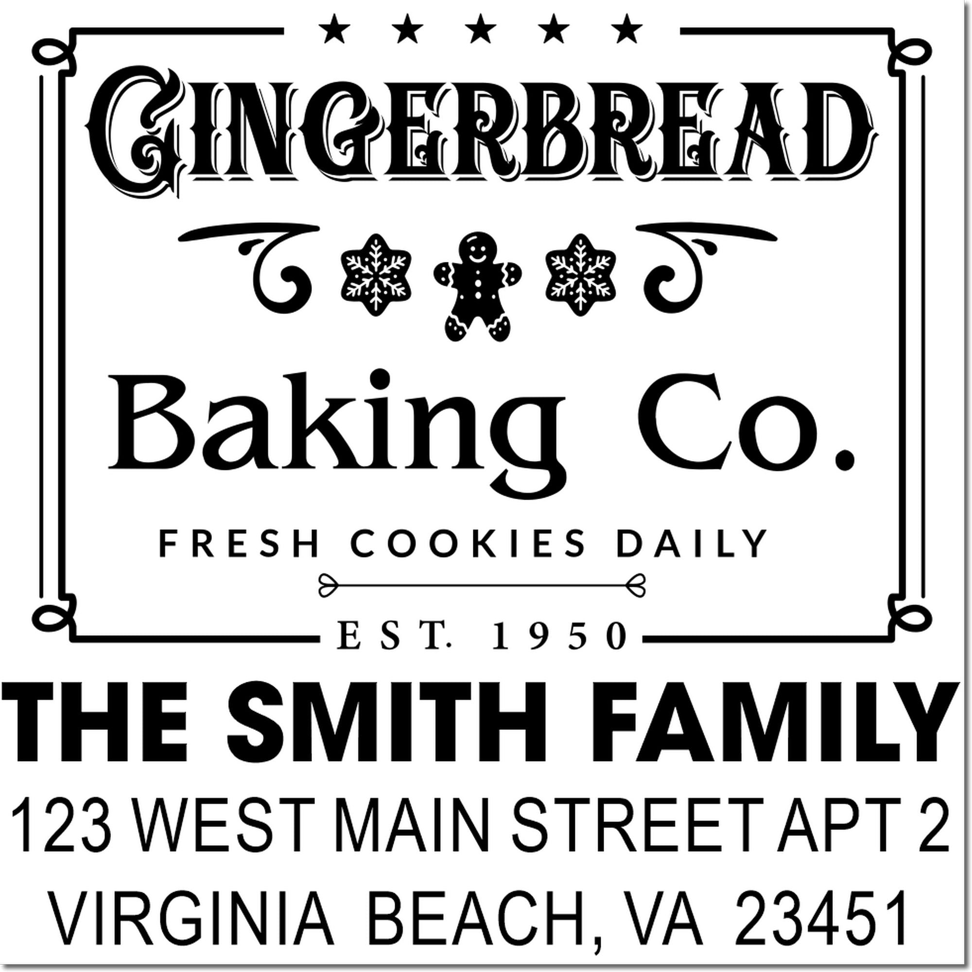 Custom rubber address stamp for Gingerbread Baking Co., featuring The Smith Family and Virginia Beach, VA 23451.